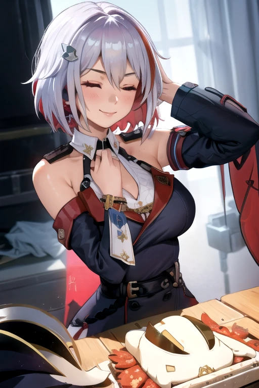 tuopa 1girl admiral graf spee \(azur lane\) bangs bracelet breasts closed eyes closed mouth cross detached sleeves dress eyebrows visible through hair hair between eyes hair ornament jewelry medium breasts multicolored hair necktie red hair short hair silver hair smile solo streaked hair upper body