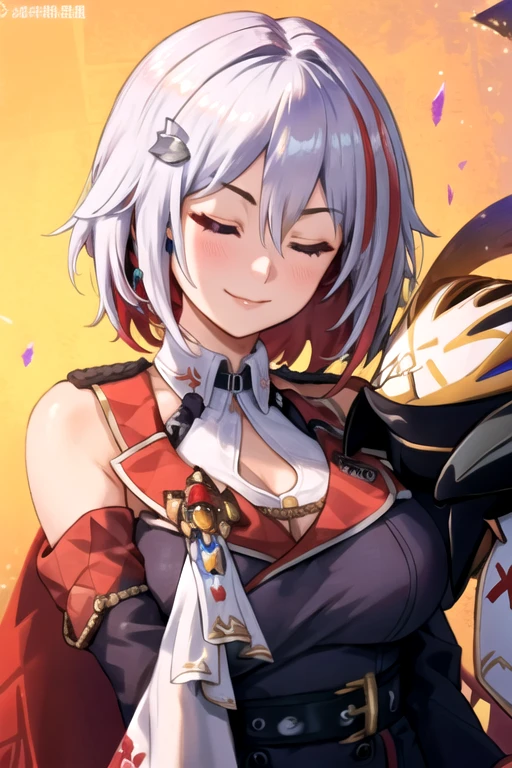 tuopa 1girl admiral graf spee \(azur lane\) bangs bracelet breasts closed eyes closed mouth cross detached sleeves dress eyebrows visible through hair hair between eyes hair ornament jewelry medium breasts multicolored hair necktie red hair short hair silver hair smile solo streaked hair upper body