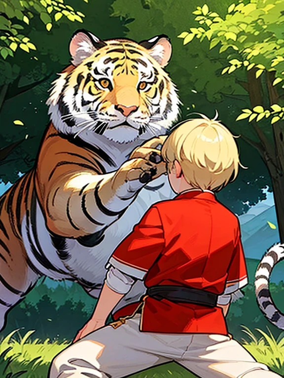 Chinese warrior fights tiger in mountain forest