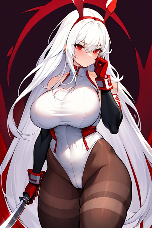 1girl, white hair, long hair, red eyes, serious, glowing eyes, large breasts, thick thighs, mature female, athletic female, toned, leotard, black leotard, thighhighs, belt, knife, knifes, pantyhose, highleg leotard, highleg, red pantyhose