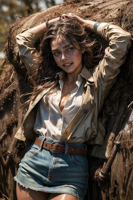 (masterpiece, best quality:1.2), cowboy shot, 2girl, 27 yo businesswomen, smile, looking at viewer, pencil skirt, belt, white blouse, jacket wet clothes, soaked, dripping wet, wet hair, wet skin, translucent, glistening with oil, fully clothed, wet muddy field, dripping with mud, muddy arms, muddy hair, lying in mud, submerged, covered all over, muddy face, muddy hair, wrestling in mud, struggling with each other, late at night, harsh lighting, spotlight