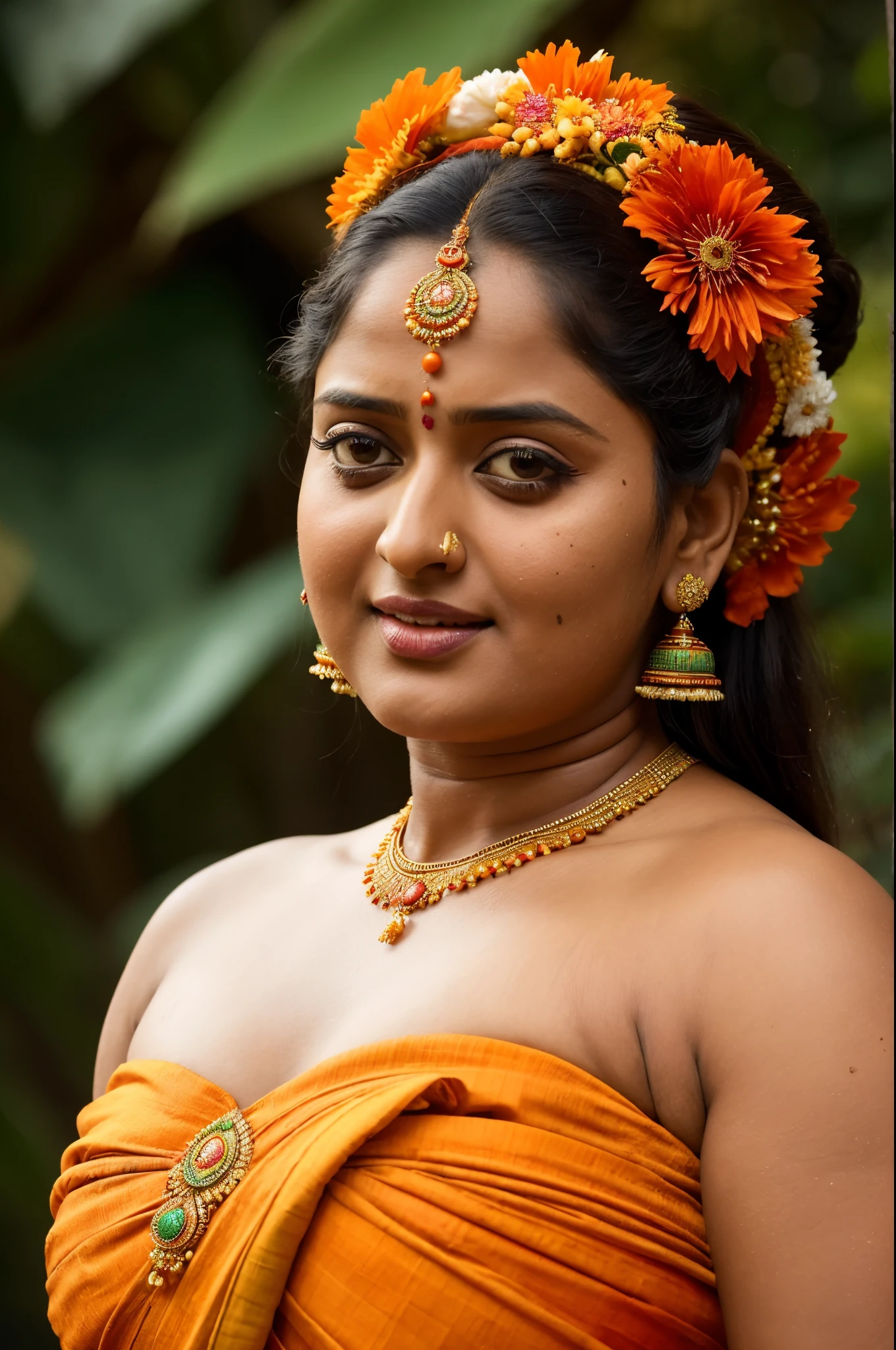 Looks like Anushka Shetty, wearing traditional stanapatta a strapless bra made of one piece of cotton cloth, thick figure, fleshy body, curvy, bulky figure, heavy physique, low waist saree, bold saree look, a close up of a woman in a colorful dress with a flower in her hair, extremely gorgeous woman, matchless beauty, queen, very beautiful enga style, with colourful intricate, candid shot, traditional beauty, candid picture, orange details, wearing intricate, candid portrait photo, with kerala motifs, wearing an elegant tribal outfit, orange and turquoise, orange and teal color, * colour splash *, traditional, stunning visual,