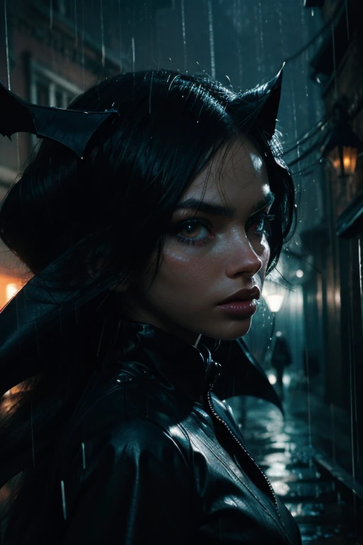 Fashion Beauty Close-Ups, ((Sonic manipulation powers and bat-like features)), Silhouette, (glitch style, candlelight lighting, hyperdetailed, insanely detailed:0.8), eye level, ((Rain-soaked streets)), (Vintage:0.6), Ethereal