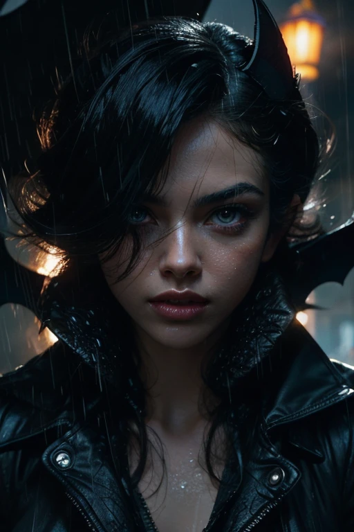 Fashion Beauty Close-Ups, ((Sonic manipulation powers and bat-like features)), Silhouette, (glitch style, candlelight lighting, hyperdetailed, insanely detailed:0.8), eye level, ((Rain-soaked streets)), (Vintage:0.6), Ethereal