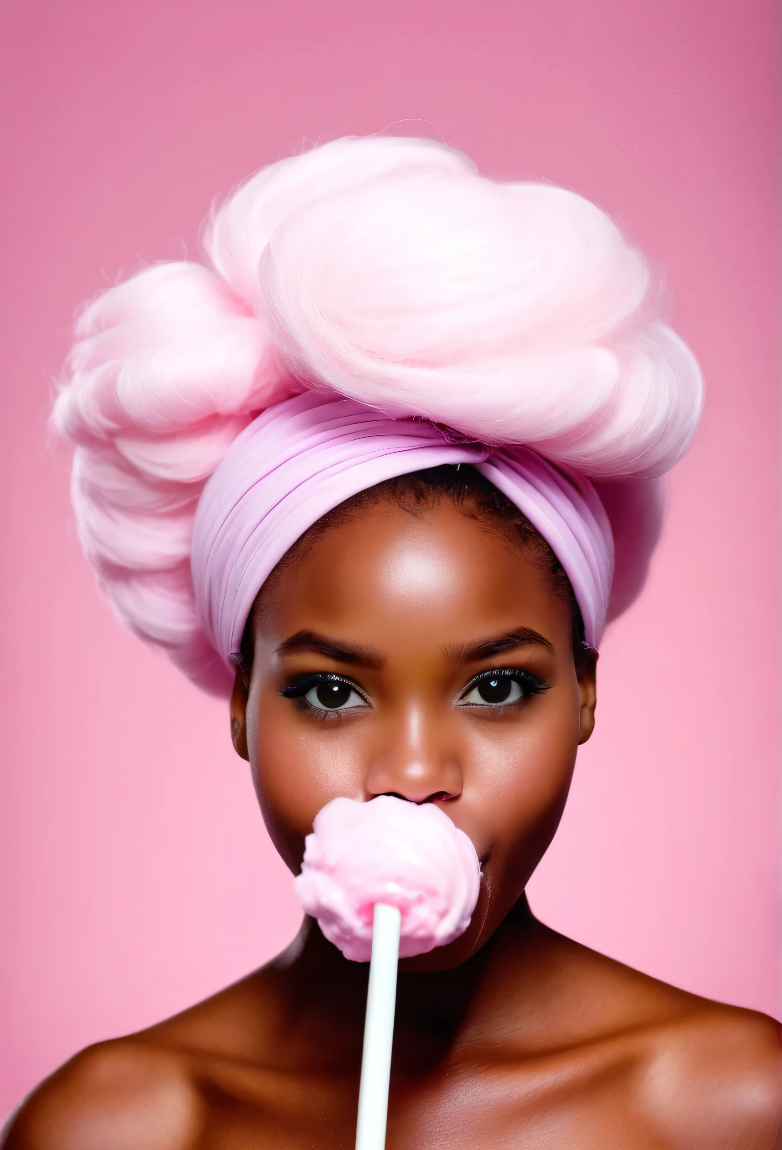 Beautiful African Girl with a coloured cotton candy on her head and cotton candy on her mouth 