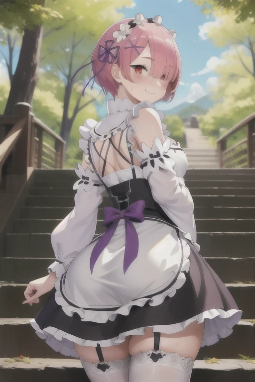 masterpiece, best quality, highres, ram1, 1girl, solo, standing, focus on her ass, back to the viewer, walking up stairs, ram \(re:zero\), pink hair, white thighhighs, short hair, red eyes, hair over one eye, ribbon trim, hair ribbon, x hair ornament, frills, maid headdress, waist apron, garter straps, black ribbon, small breasts, huge ass, huge thighs, narrow waist, wide hips, thick thighs, long sleeves, white apron, neck ribbon, purple ribbon, wide sleeves, hair flower, skirt that only covers the front, showing underwear, blushing,sweating, (breathing hard), (panting), anime, smile, outdoors, (masterpiece:1.2), highres, best quality, 8k, very clear,