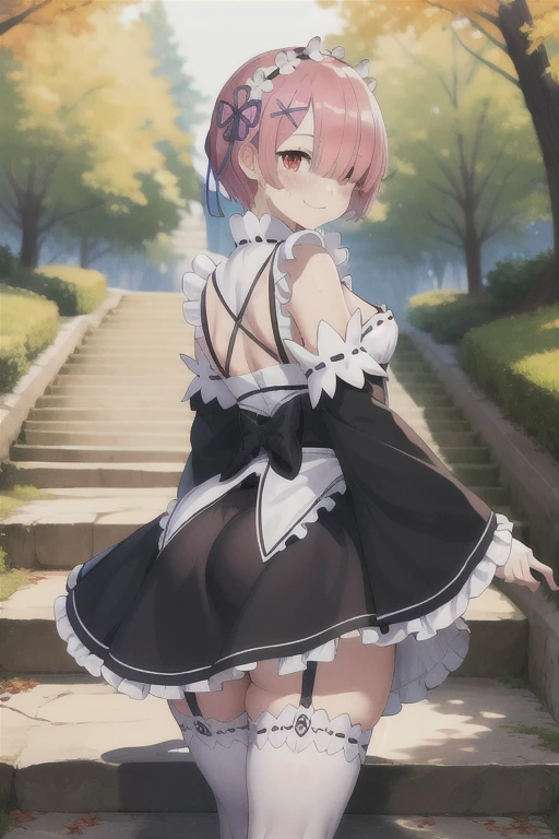masterpiece, best quality, highres, ram1, 1girl, solo, standing, focus on her ass, back to the viewer, walking up stairs, ram \(re:zero\), pink hair, white thighhighs, short hair, red eyes, hair over one eye, ribbon trim, hair ribbon, x hair ornament, frills, maid headdress, waist apron, garter straps, black ribbon, small breasts, huge ass, huge thighs, narrow waist, wide hips, thick thighs, long sleeves, white apron, neck ribbon, purple ribbon, wide sleeves, hair flower, skirt that only covers the front, showing underwear, blushing,sweating, (breathing hard), (panting), anime, smile, outdoors, (masterpiece:1.2), highres, best quality, 8k, very clear,