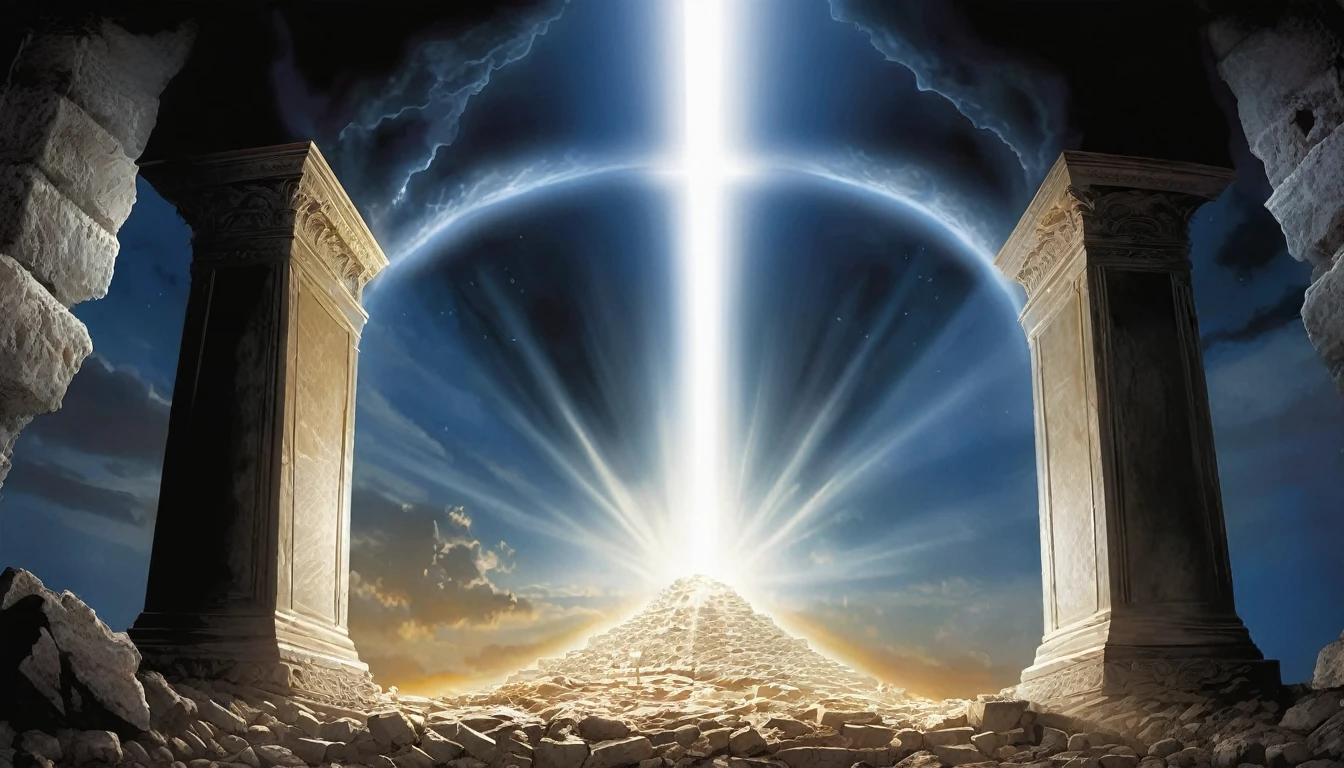An illustration of the earthquake splitting open tombs, with beams of light shining from within as the resurrected believers emerge, conveying the supernatural and miraculous nature of the event.