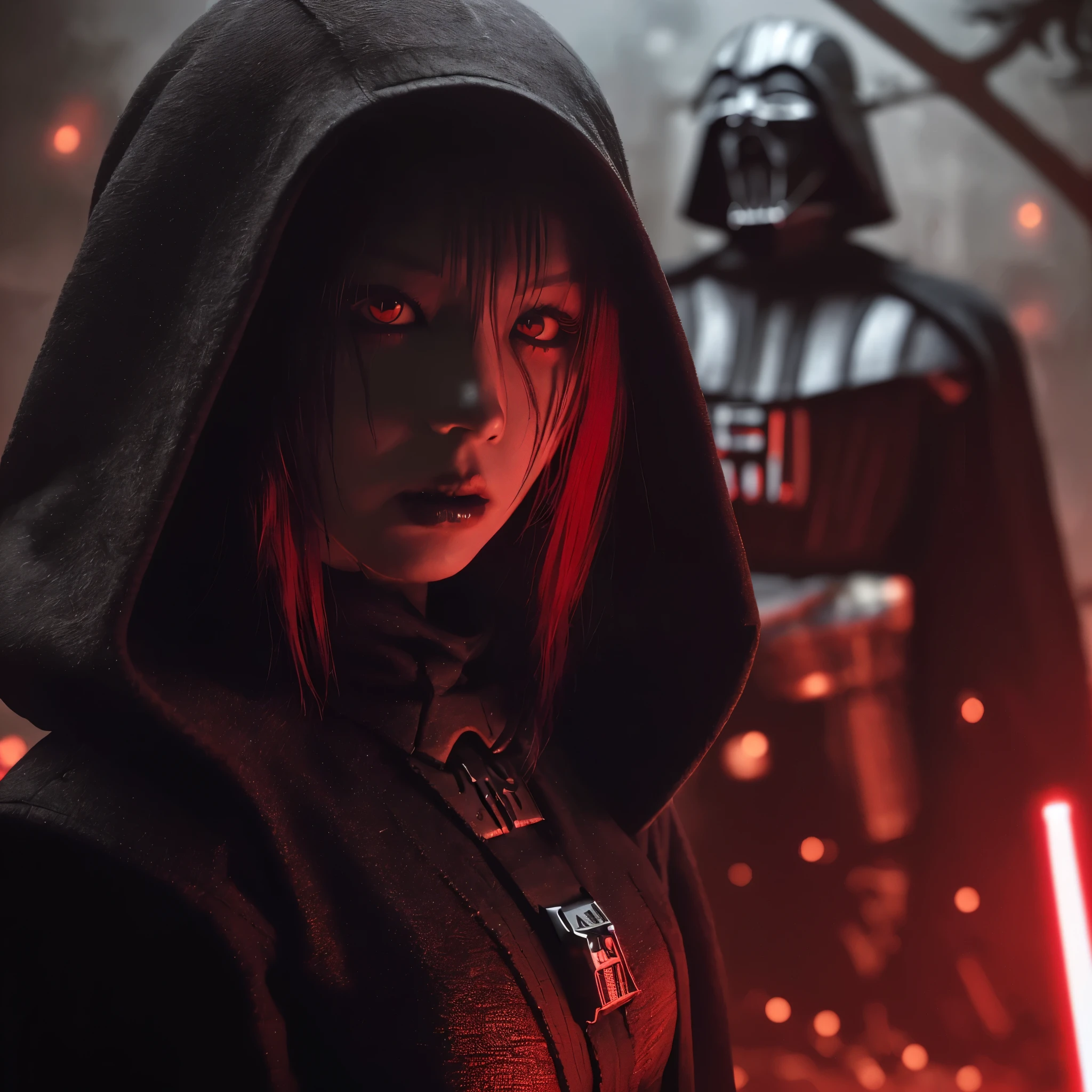 (very sharp result, full body desaturated photo) (((textile shading))), (((Best Quality))), (((masterpiece))) (((hyper realistic photo))) in starwars universe, dark atmosphere, backlight shoot body sith lordes japanese girl in black cult hoodie pale skin, vampire looks, piercings, mysterious sinister with bright red eyes (she is broken darth vader helmet) red hair, red light mood,in ruined castle full of sparks hi-tech space facility, horror feel mood gritty atmosphere,4K