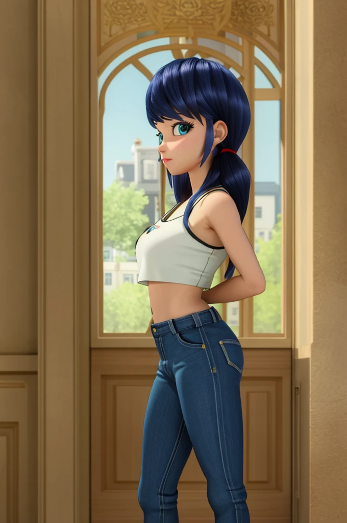 (8k, RAW photo, best quality, masterpiece:1.2), (intricate details), perfect eyes, perfect face, perfect lighting, beautiful, (masterpiece:1.2), (best quality:1.2), 1girl, solo, marinette, blue hair, ((long loosen hair)), adult torso, 19 years old, slight smile, huge sized breasts, ( crop top, shorts), cowboy shot, 3DMM, standing, front view