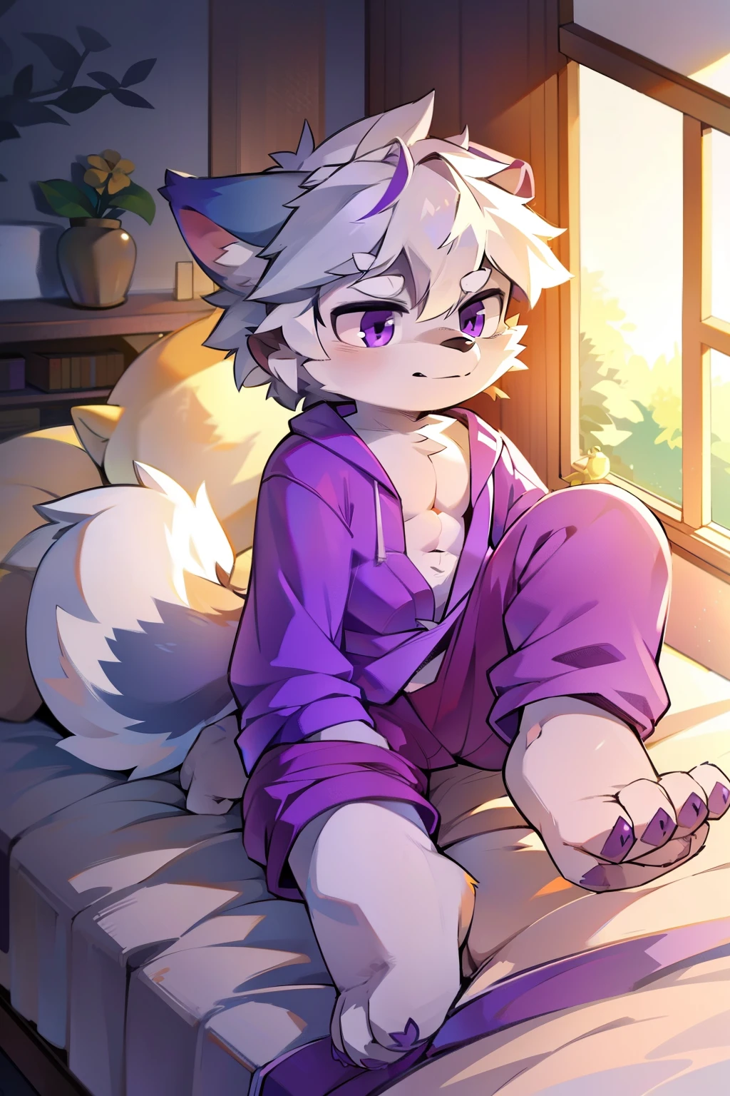 solo person，shaggy male，hairy chest，coyote，canid，Gray fur，long  white hair，The ends of the hair are purple，a purple eye，Bullied，adolable，Handsome，large tail，full bodyesbian，stretched action，stretched action，on top of the bed，Wear cute pajamas，Being in the room