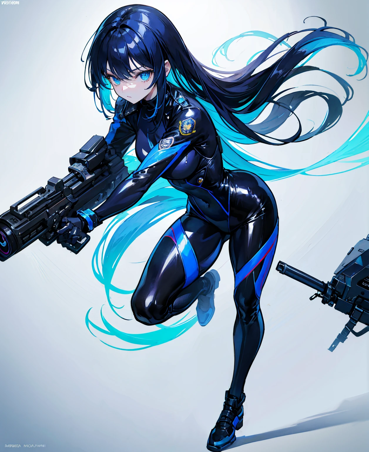 There is no background，girl，Carry a firearm，Patent leather tight suit，Use of firearms，Navy blue long hair，attention arousal，Blue colored eyes,No gradients