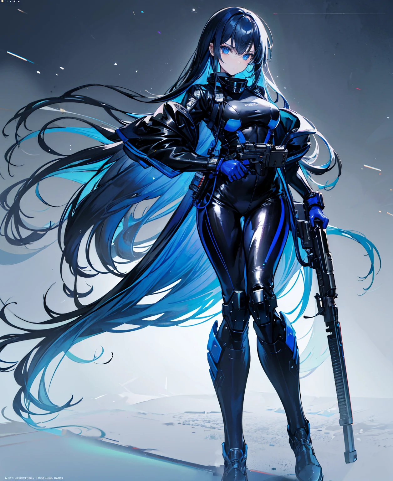 There is no background,girl,Carry a firearm,Patent leather tight suit,Use of firearms,Navy blue long hair,attention arousal,Blue colored eyes,No gradients