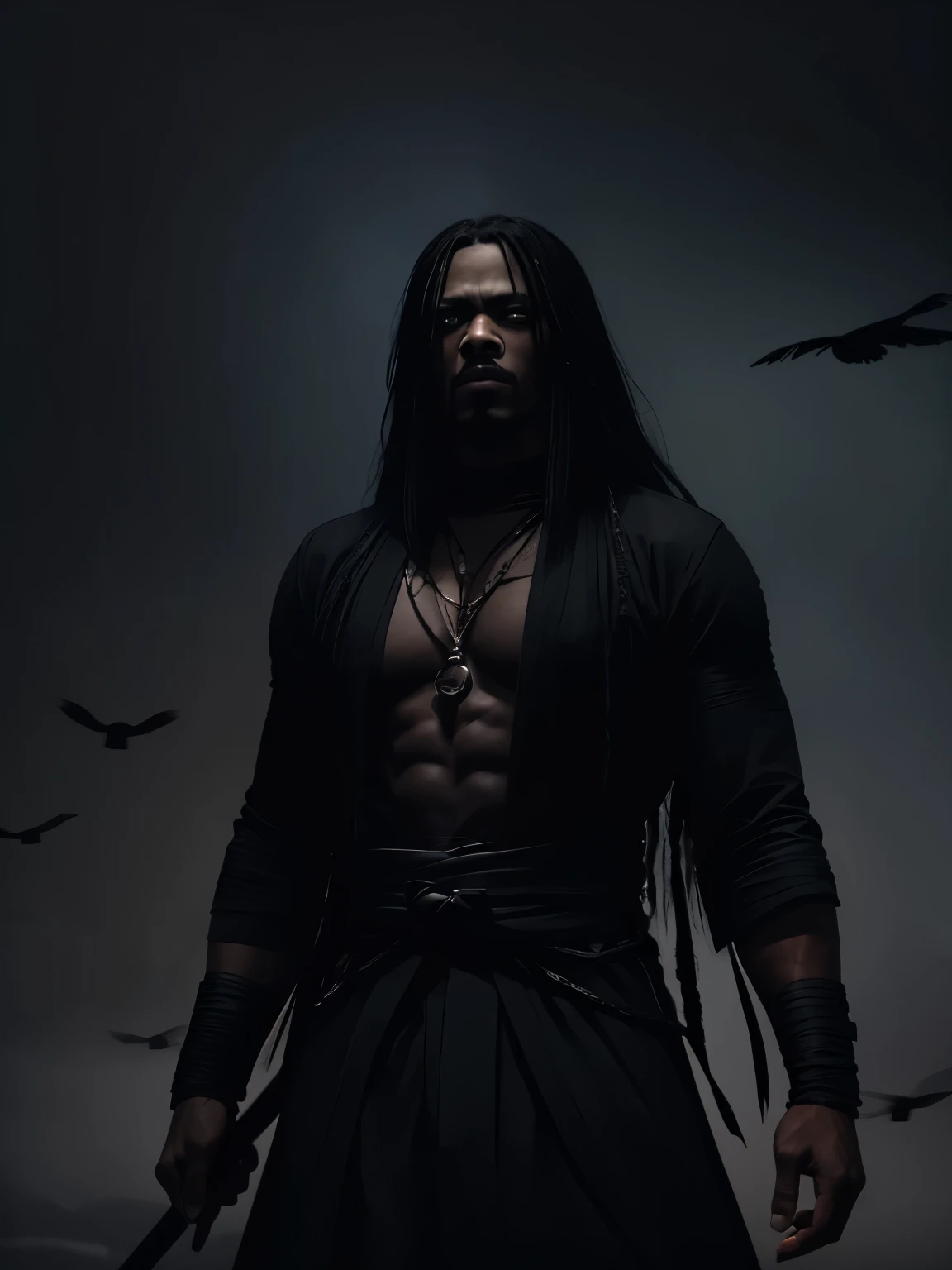 black man with long hair, black paint coming out of his mouth, a lot of melancholy, his arms are made of black paint, he wears a huge green japonese kimono made with crows and paint, his cloths it's torn, his clothes reach the ground, he's full of crows, the man is a very handsome but scary guy, he's on a hill full of crows, yasuke, his crow is full of crows and black ink, their eyes are full of black ink