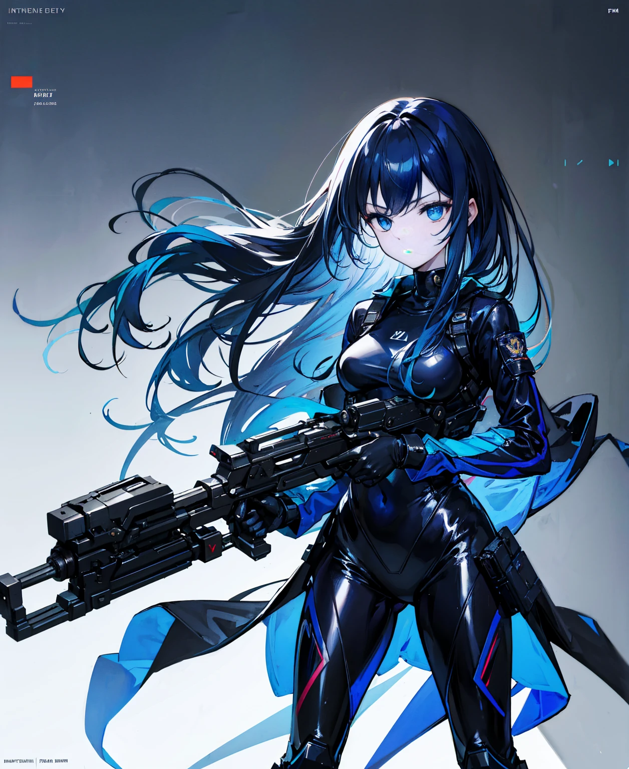 There is no background,girl,Carry a firearm,Patent leather tight suit,Use of firearms,Navy blue long hair,attention arousal,Blue colored eyes,No gradients