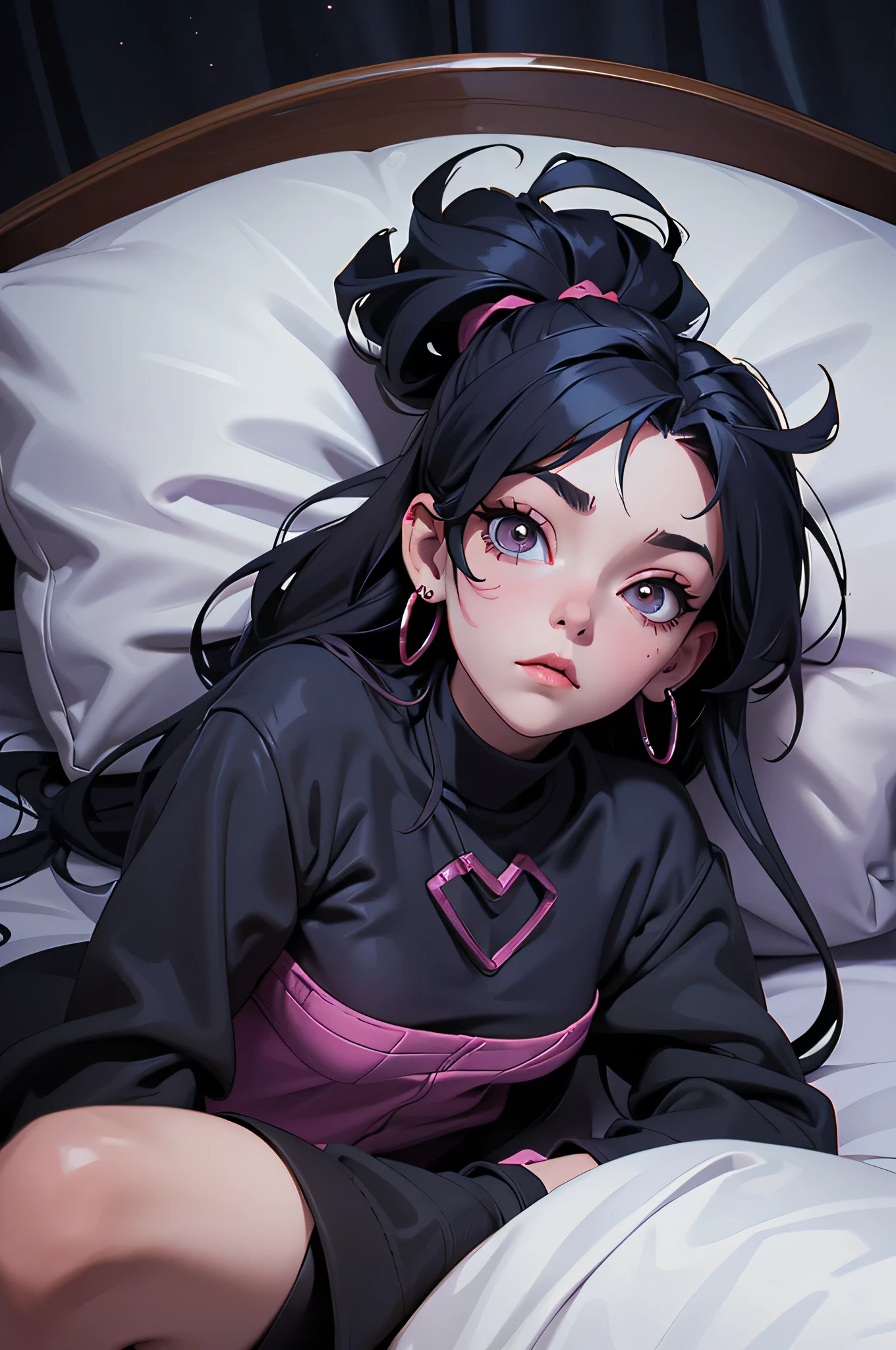 adult women laying on bed alone, baggy clothes, top view, looking up to the ceiling, piercings, goth, night time, pillow, laying flat out, arms spread legs spread, wide awake,