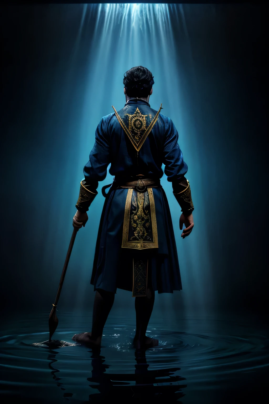 the man is immersed in ankle-deep dark water, standing in a position as if he were casting a spell. behind him is a black background and blue magic signs.