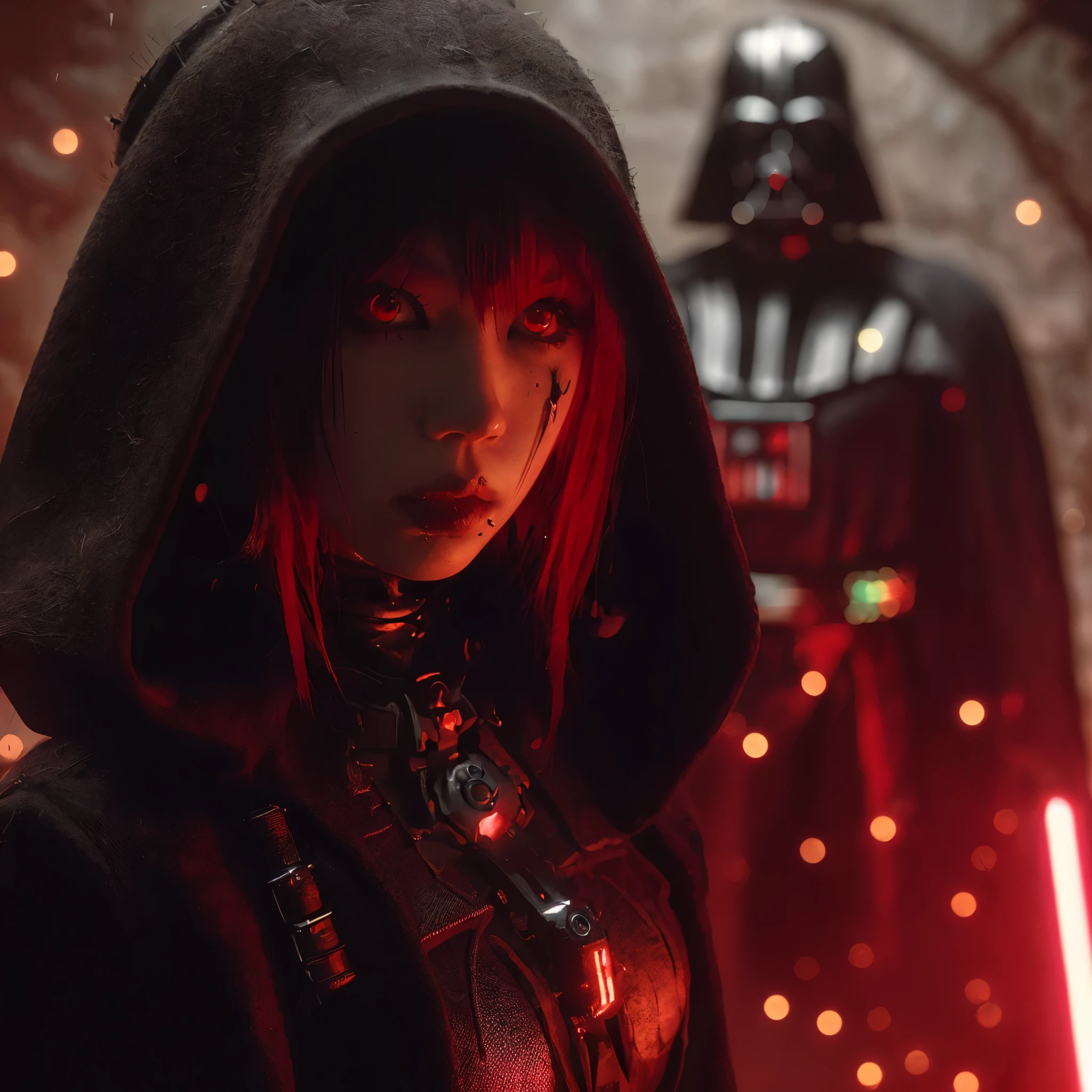 (very sharp result, full body desaturated photo) (((textile shading))), (((Best Quality))), (((masterpiece))) (((hyper realistic photo))) in starwars universe, dark atmosphere, backlight shoot body sith lordes japanese girl in black cult hoodie pale skin, vampire looks, piercings, mysterious sinister with bright red eyes (she is broken darth vader helmet) red hair, red light mood,in ruined castle full of sparks hi-tech space facility, horror feel mood gritty atmosphere,4K