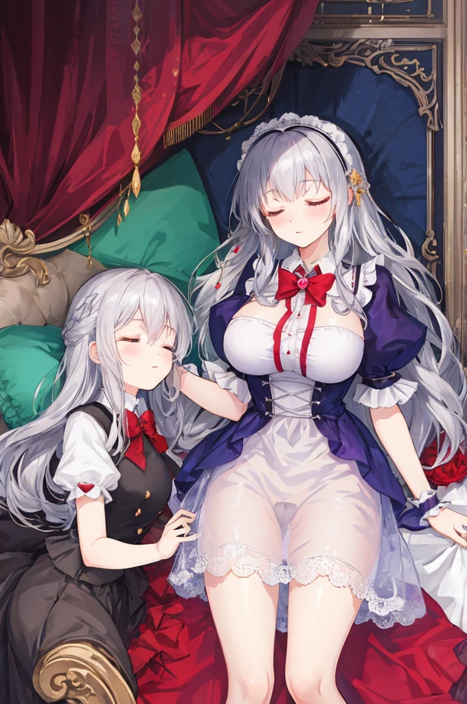 Fairy Tale Style,sleeping Beauty,A woman with big ,Silver long hair,transparent,ta,(Super short)Nightdress,pubic,weak,bedroom,