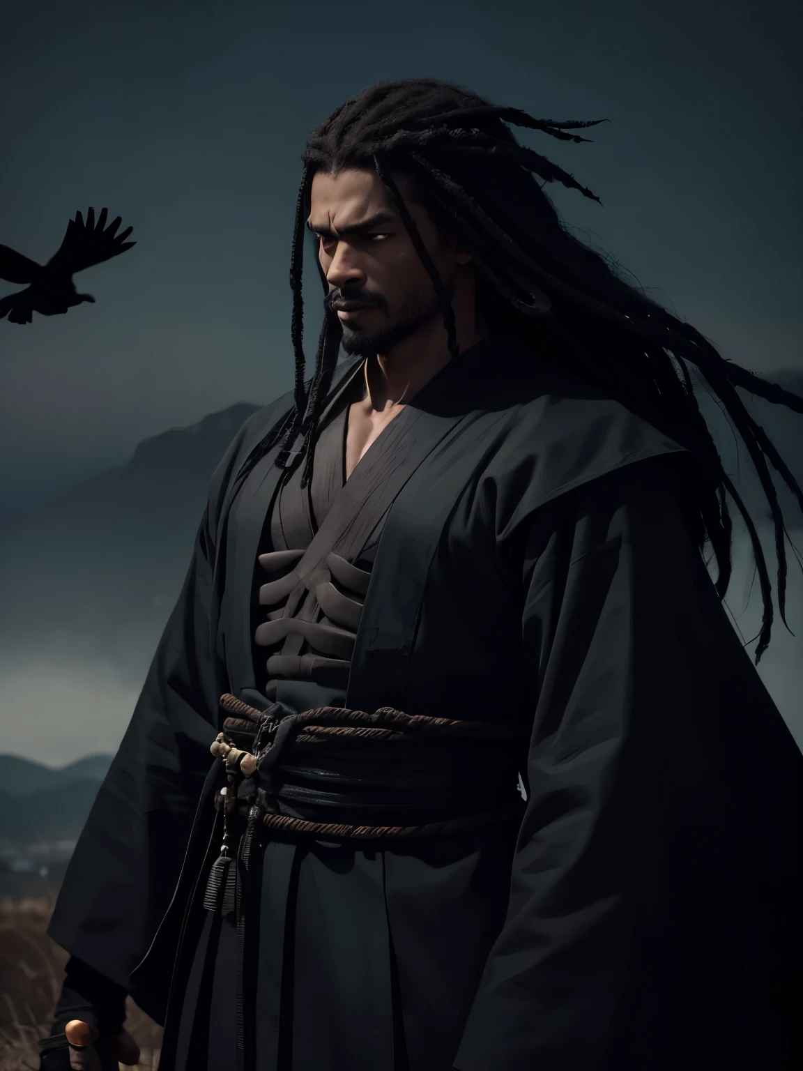 black man with long hair, a lot of melancholy, his arms are made of black paint, he wears a huge green japonese kimono made with crows and paint, his cloths it's torn, his clothes reach the ground, he's full of crows, the man is a very handsome but scary guy, he's on a hill full of crows, yasuke, his crow is full of crows and black ink, their eyes are full of black ink