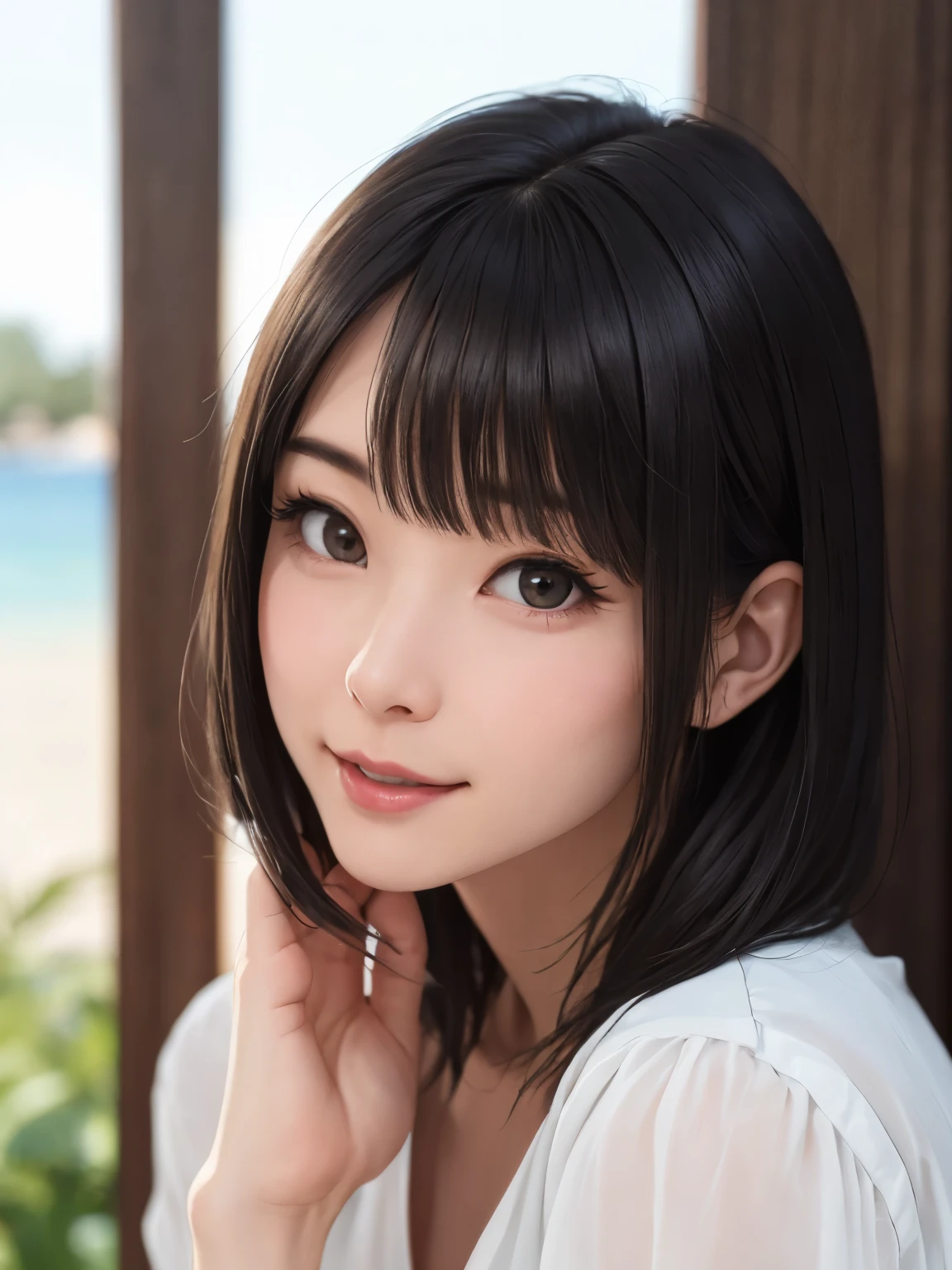 1 girl、highest quality、Realistic、alone、Written boundary depth、Natural soft light、Daytime、charm、Beautiful Face、Cleanliness、Pure Face、White skin、cute、short hair、prohibit、Beach、Light of the sun、Nedium Breast Body Esbian、((セーターを着たBeautiful Faceの黄金比 対称性のあるBeautiful Face))、Long neck、Listen carefully、prohibitのあるきれいな短いボブヘア、Laugh with your mouth closed、Perfect hands指、Perfect hands、Perfect body、Perfect Face、Shine a light into your eyes、Perfect Anatomy:1.4、とてもcuteスーパーモデル:1.4、{Huge|big|Hugeな|Mega} chest:2, chestの谷間:2、Transparent、Transparency、glosoisture、shine、Cool feeling、Beautiful gradation blue sky:2