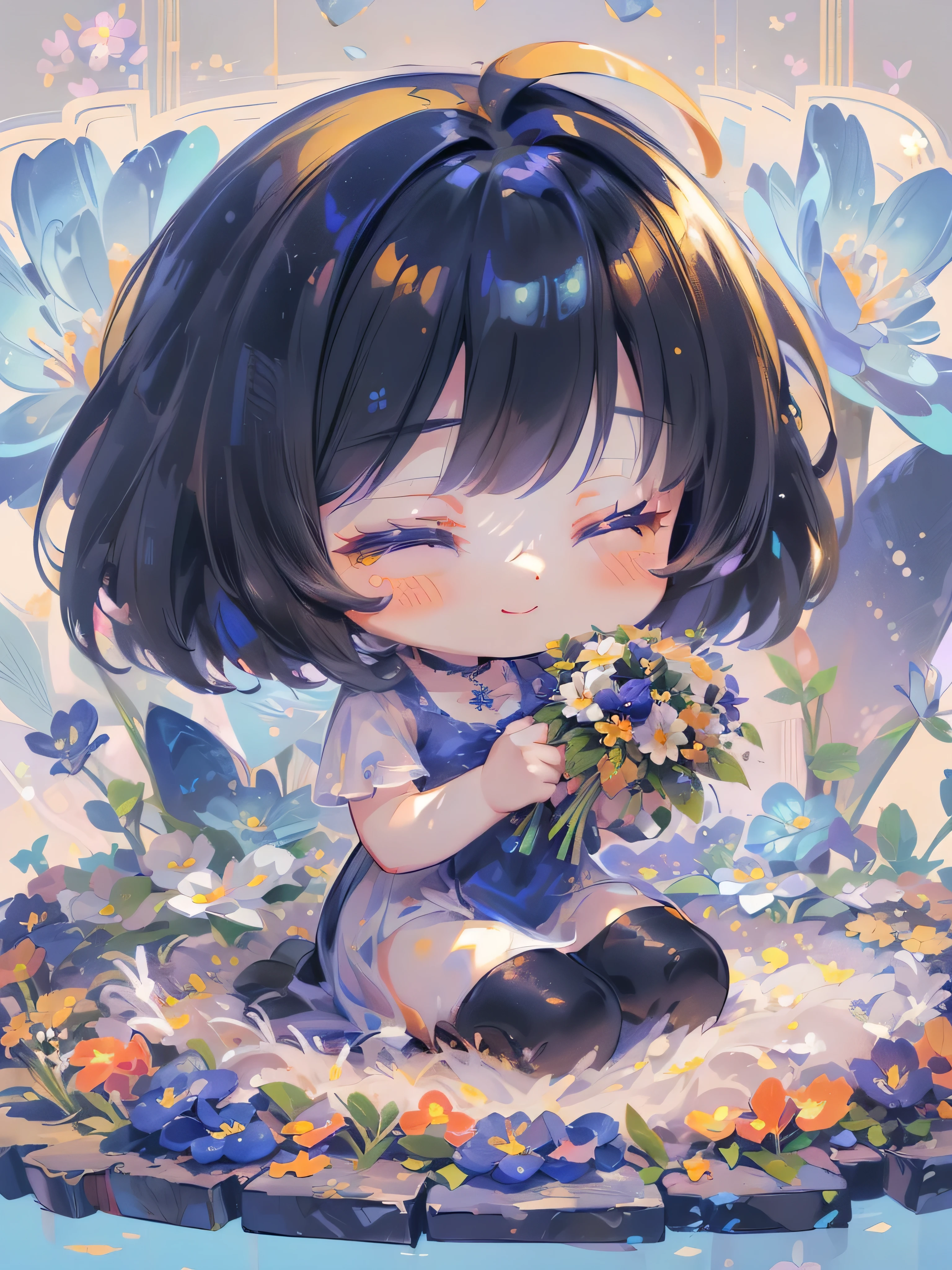 (((Lapis lazuli masterpiece))), Best Quality, Extremely detailed, Anime, (Hold a bouquet), (casual), (Black and yellow short hair), multicolored hair:1.2), Closed eyes, (((girl with))), (((Solo))), Happy, Full body, Ahoge, (((Deformed))), (((Chibi Character))), (((Floral background))), (White background), (flower  field)