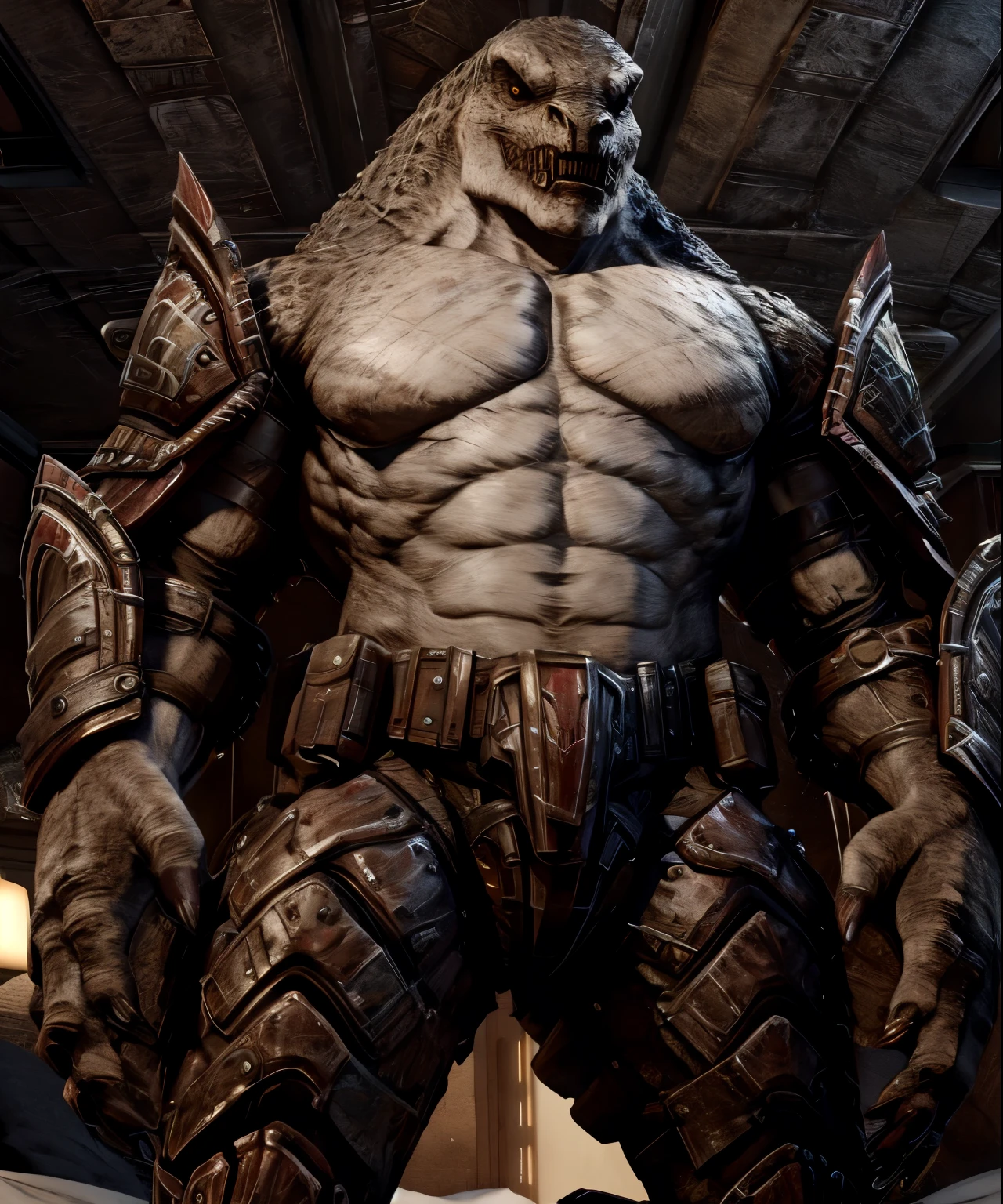 (full body), 4k, hi res, locust_grenadier, armor, muscular, looking to viewer, bed, smile, low angle