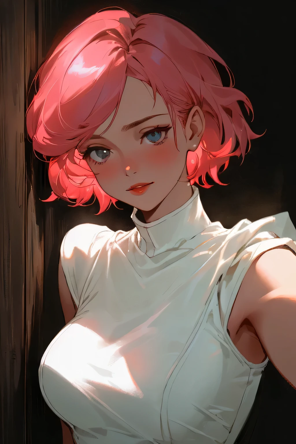 high quality, 8K Ultra HD, hyper-realistic portrait of a captivating woman short pink hair, The woman is portrayed in a full bright setting, her features bathed in a soft, diffused glow that accentuates the delicate nuances of her expression. The scene features a female, leaning against a wall with her arms raised, eyes open in a moment of raw emotion. Her attire is minimal, accentuating the curves of her body and the dramatic shadows cast by the lighting. The background is stark, with sharp contrasts highlighting the contours of her form. The blue and black palette intensifies the mood, evoking a sense of mystery and allure. Subtle film grain and meticulous shading add depth and texture, emphasizing the emotional gravity of the scene. The lighting creates a chiaroscuro effect, accentuating her expressive pose and the intense atmosphere, 1girl, upper body, Scandinavia girl, detailed cute smilling face, cute eyes, detailed pure red lips, highly detailed waist medium  red wavy wet short pink hair, pain moan