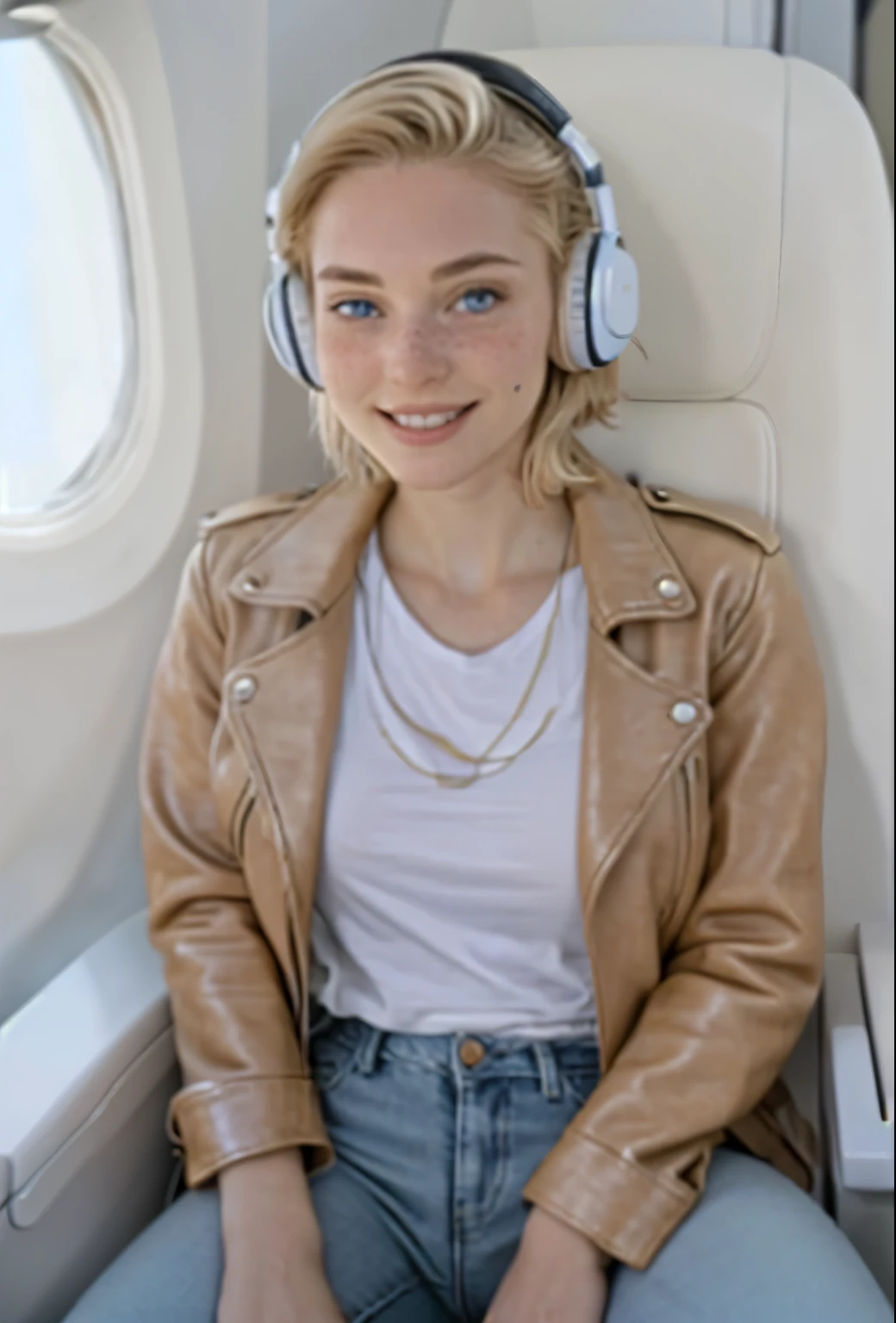 A 21-year-old girl named Kate, with short blonde hair, beautiful medium-sized breasts, height of 1.60m, white British style, light blue eyes. Kate is beautiful, with an angelic face, and has freckles in the nose area. She is wearing a beige leather women's jacket with a white shirt, very light jeans, and white sneakers. Kate is wearing modern white headphones. She is sitting in an airplane seat, slightly looking to the side at the camera. Kate is happy. The image should be in HD thumbnail format for YouTube.