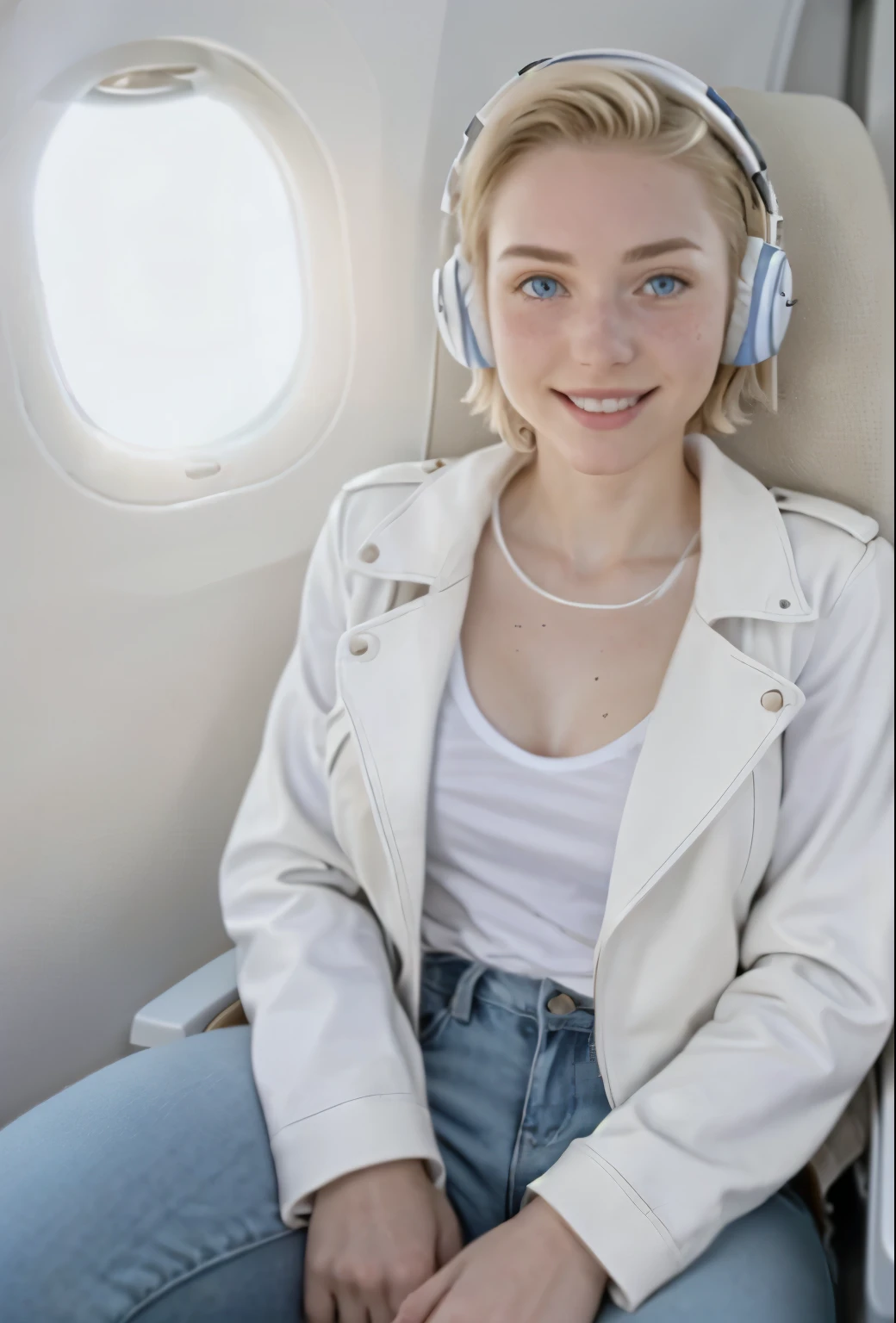 A 21-year-old girl named Kate, with short blonde hair, beautiful medium-sized breasts, height of 1.60m, white British style, light blue eyes. Kate is beautiful, with an angelic face, and has freckles in the nose area. She is wearing a beige leather women's jacket with a white shirt, very light jeans, and white sneakers. Kate is wearing modern white headphones. She is sitting in an airplane seat, slightly looking to the side at the camera. Kate is happy. The image should be in HD thumbnail format for YouTube.
