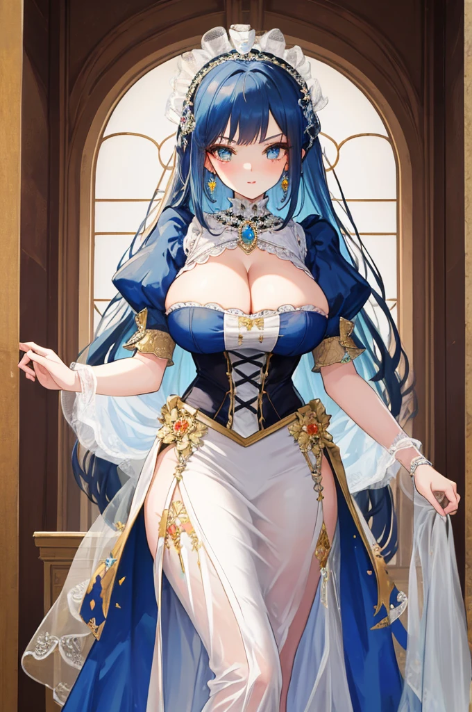 masterpiece,8k,A woman with big ,Gorgeous woman,transparent,Victorian style,Rococo skirt,((hime cut)),Gorgeous jewelry,Crystal Hair Accessories,Cleavage,