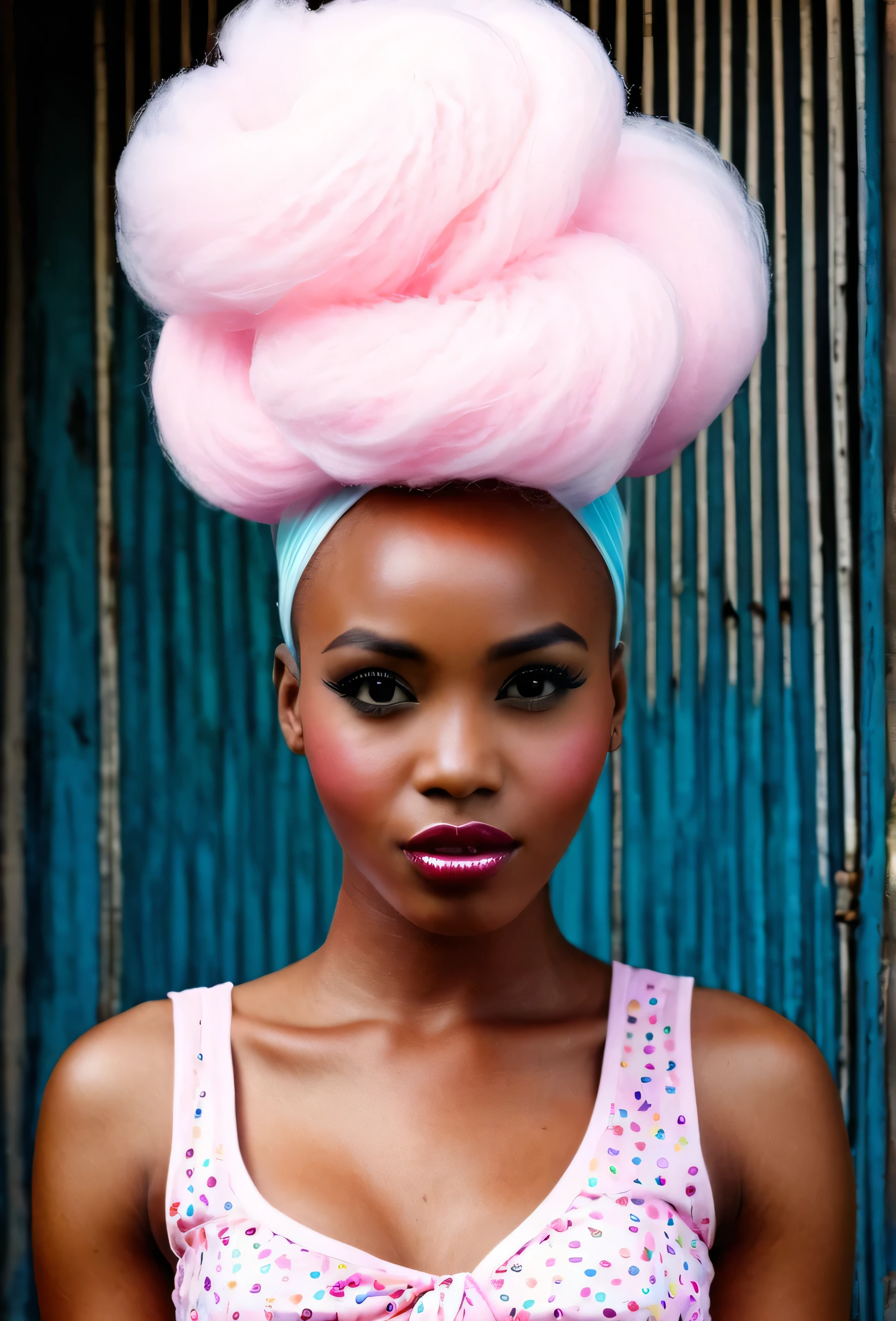 Beautiful African lady with a coloured cotton candy on her head 