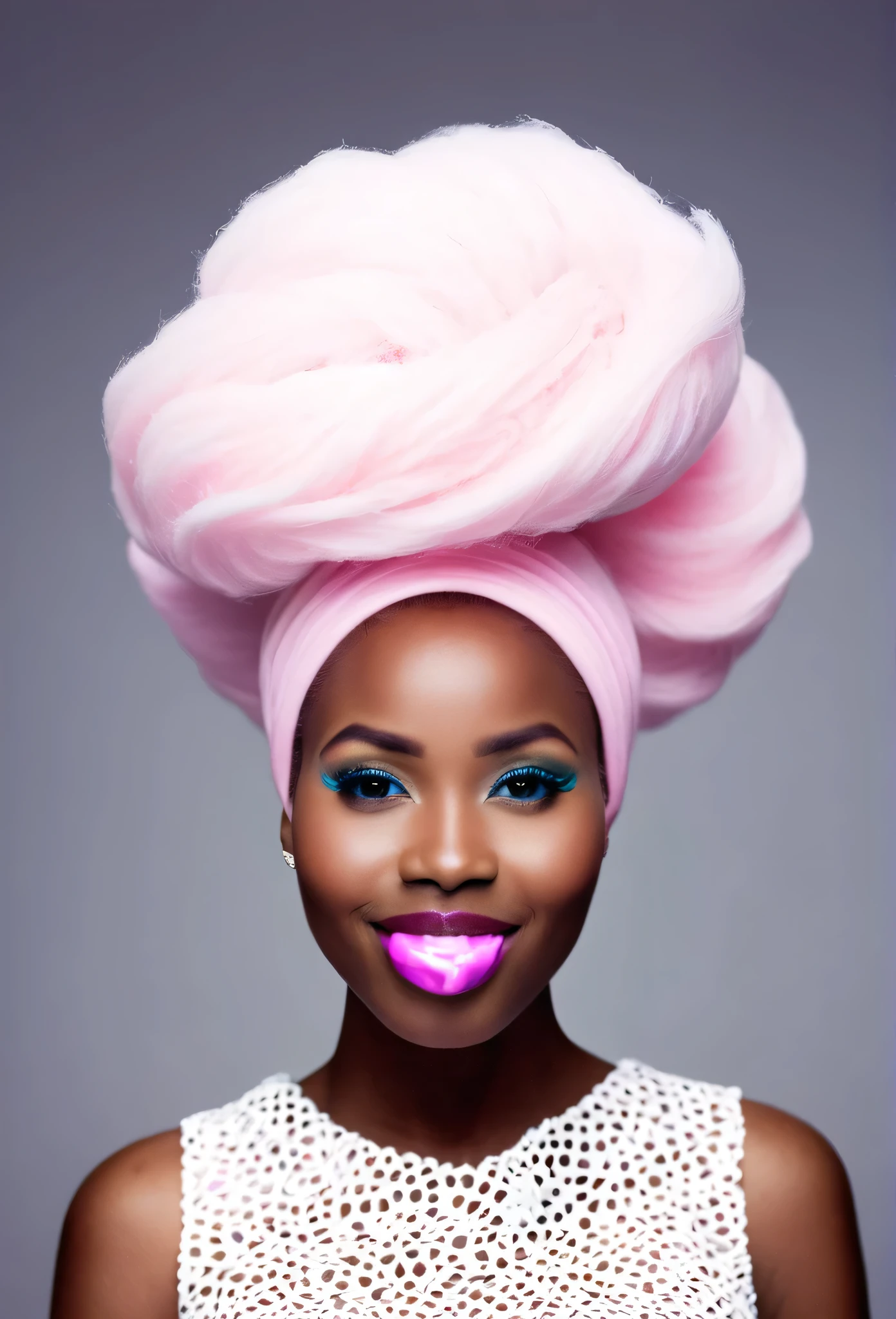 Beautiful African lady with a coloured cotton candy on her head 