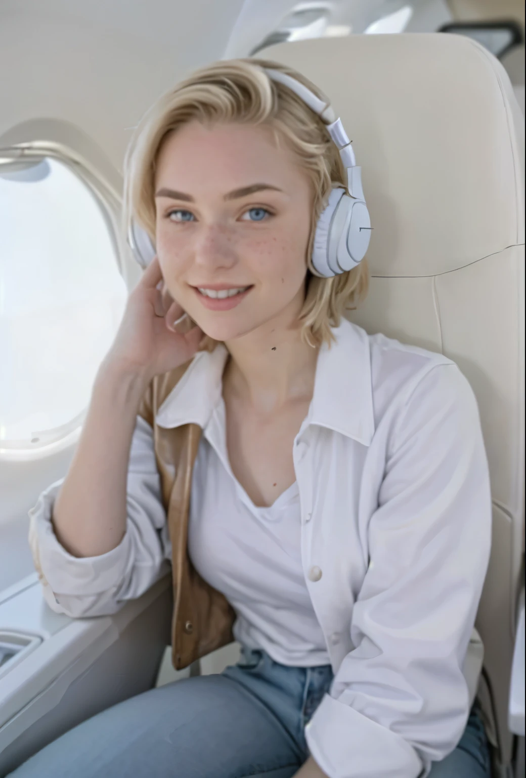 A 21-year-old girl named Kate, with short blonde hair, beautiful medium-sized breasts, height of 1.60m, white British style, light blue eyes. Kate is beautiful, with an angelic face, and has freckles in the nose area. She is wearing a beige leather women's jacket with a white shirt, very light jeans, and white sneakers. Kate is wearing modern white headphones. She is sitting in an airplane seat, slightly looking to the side at the camera. Kate is happy. The image should be in HD thumbnail format for YouTube.