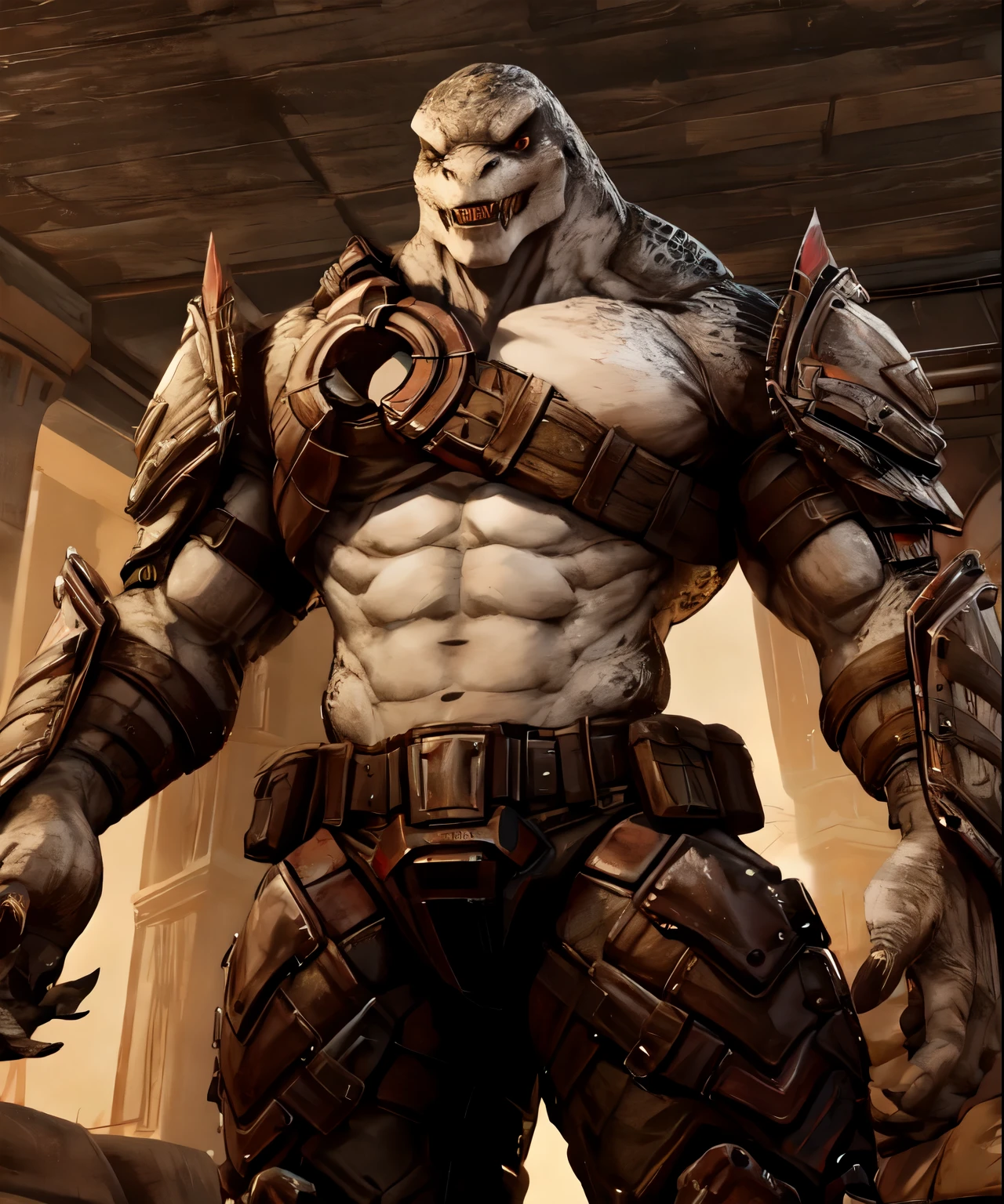 (full body), 4k, hi res, locust_grenadier, armor, muscular, looking to viewer, bed, smile, low angle