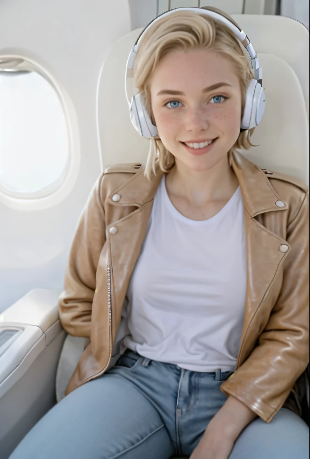 A 21-year-old girl named Kate, with short blonde hair, beautiful medium-sized breasts, height of 1.60m, white British style, light blue eyes. Kate is beautiful, with an angelic face, and has freckles in the nose area. She is wearing a beige leather women's jacket with a white shirt, very light jeans, and white sneakers. Kate is wearing modern white headphones. She is sitting in an airplane seat, slightly looking to the side at the camera. Kate is happy.