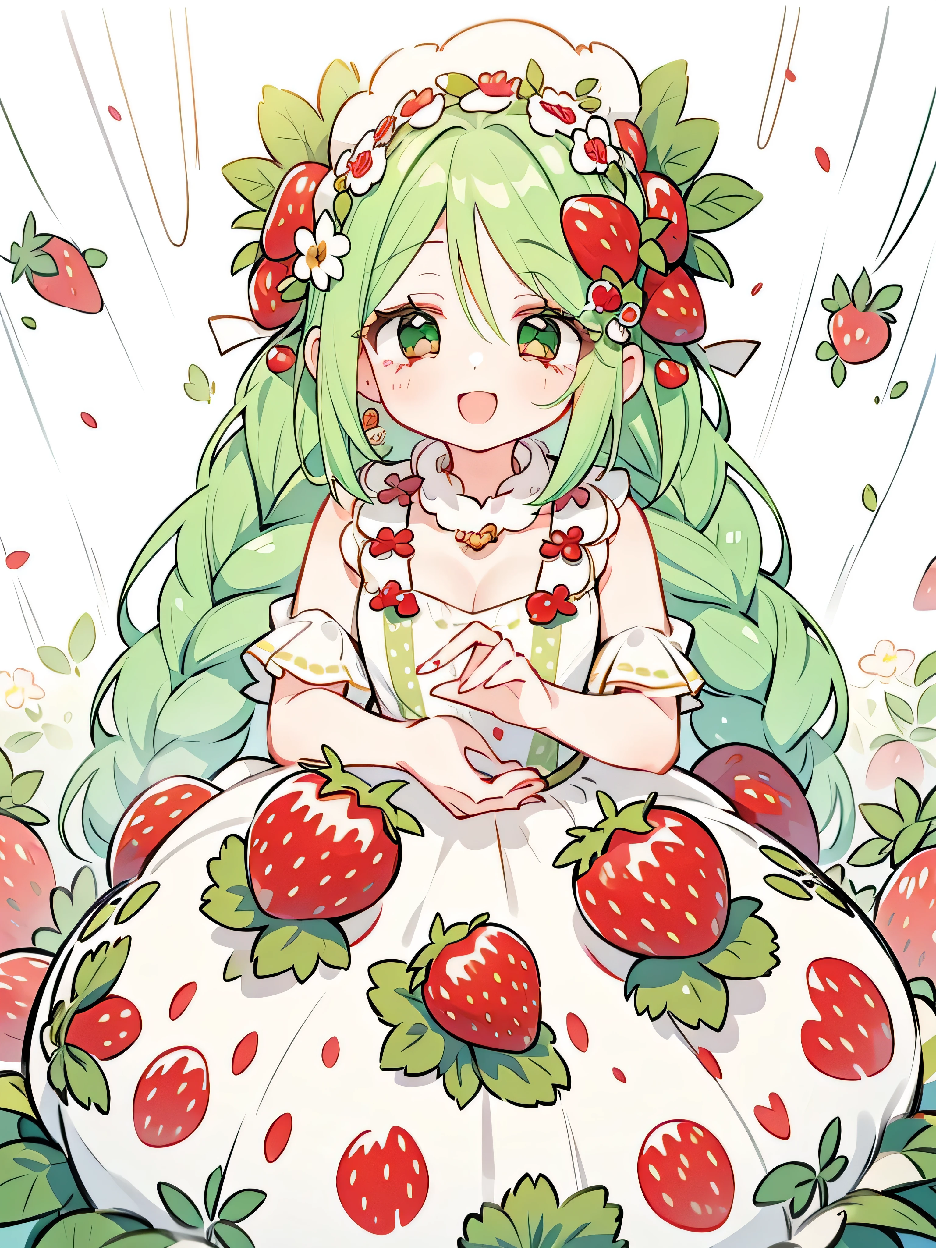 1girl, wearing a (rose print) dress, in a ((strawberry field)), happy and smiling, mythical world with giant fruit  🍓, foamy teal light muted color palette🎨, hands in hips, energetic, fashion dress, fruits, long hair in braids, foam green hair