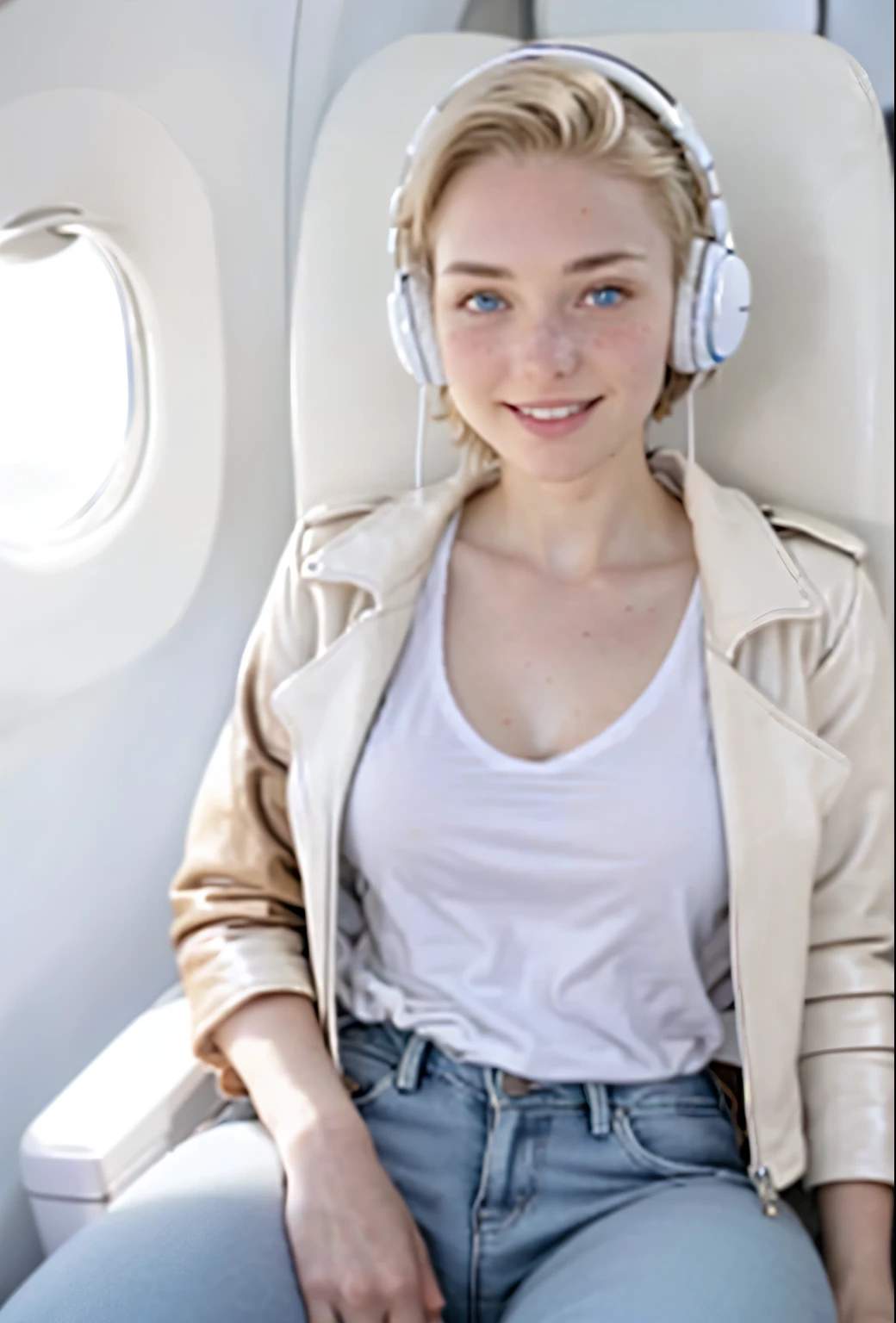 A 21-year-old girl named Kate, with short blonde hair, beautiful medium-sized breasts, height of 1.60m, white British style, light blue eyes. Kate is beautiful, with an angelic face, and has freckles in the nose area. She is wearing a beige leather women's jacket with a white shirt, very light jeans, and white sneakers. Kate is wearing modern white headphones. She is sitting in an airplane seat, slightly looking to the side at the camera. Kate is happy.