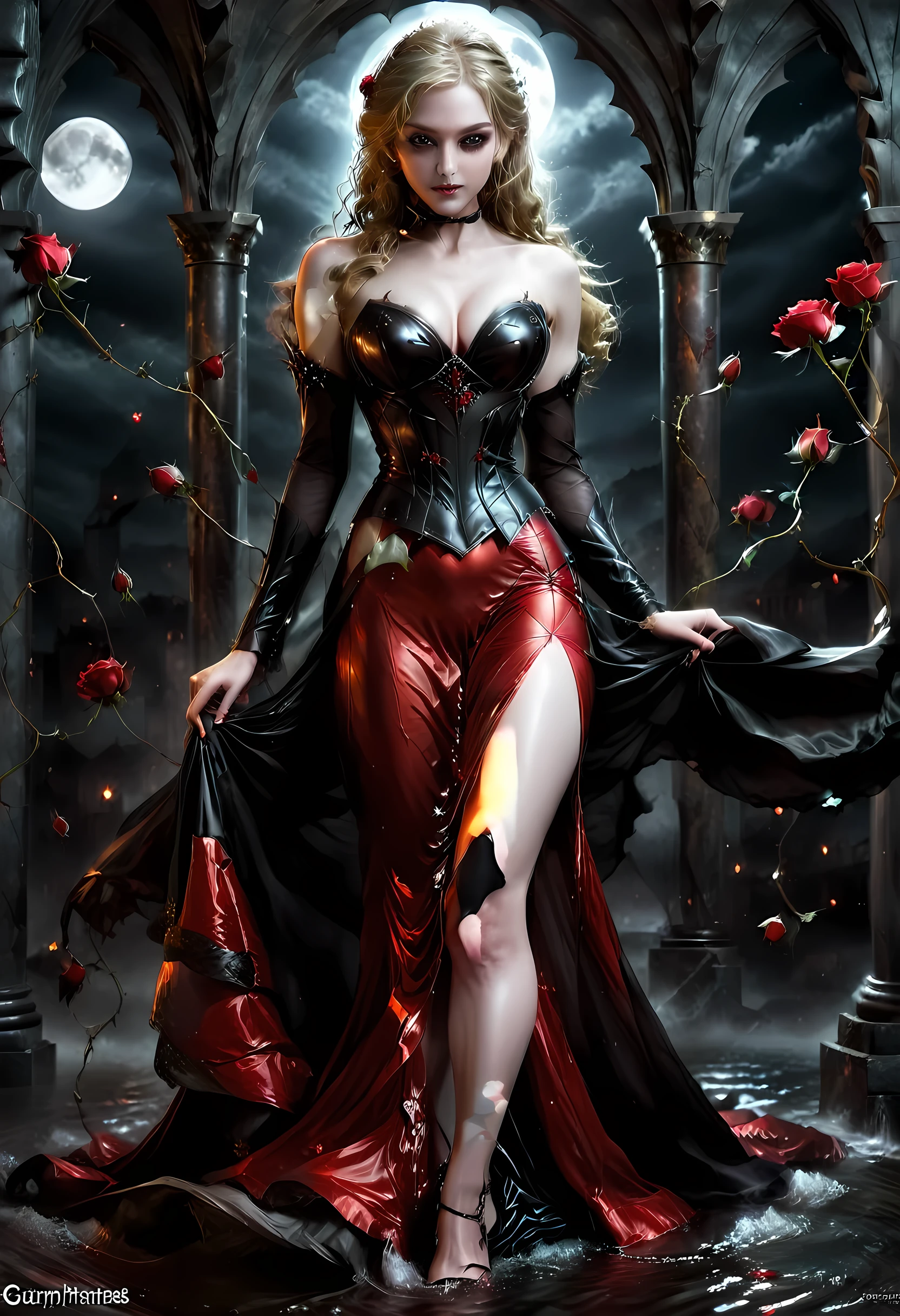 Dark fantasy art, fantasy art, goth art, a picture of a female vampire, exquisite beauty, full body shot, dark glamour shot, pale white skin, dark blond hair, long hair, wavy hair, (glowing grey: 1.3) eyes, she wears a (red: 1.3) red dress, ArmoredDress, the roses are imprinted on the dress (black: 1.4) black roses betmd, high heells, dark castle porchm, dark, black and colorm, Dark Art Painting Style