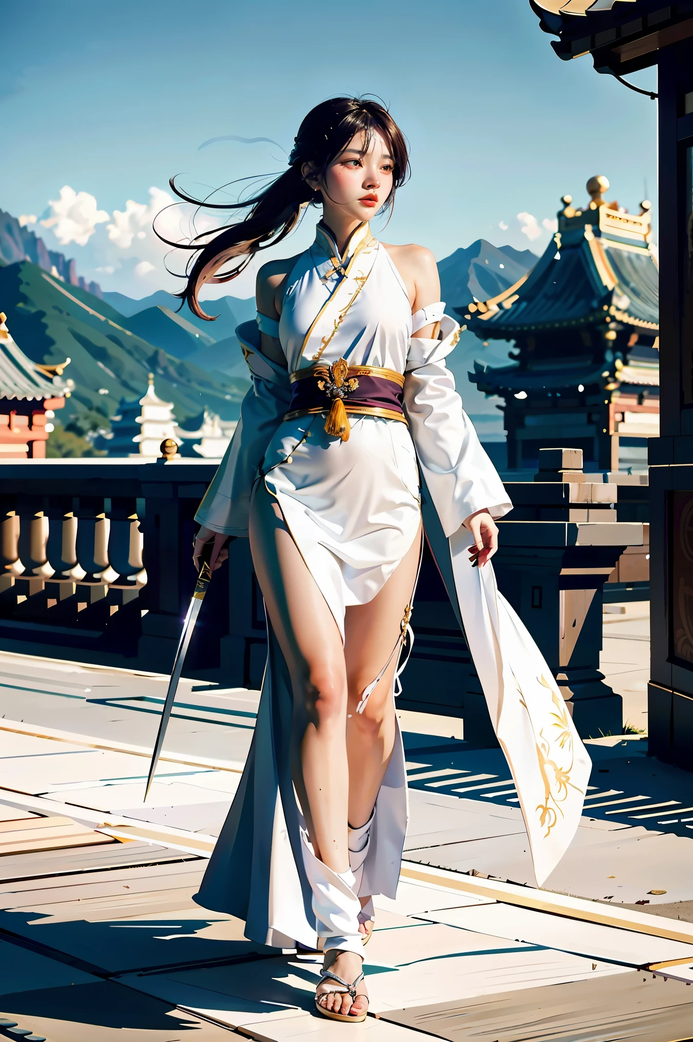 a close up of a woman with a sword in a white dress, a character portrait by Yang J, trending on cgsociety, fantasy art, beautiful character painting, artwork in the style of guweiz, guweiz, white hanfu, flowing white robes, full body wuxia, epic exquisite character art, stunning character art, beautiful female assassin