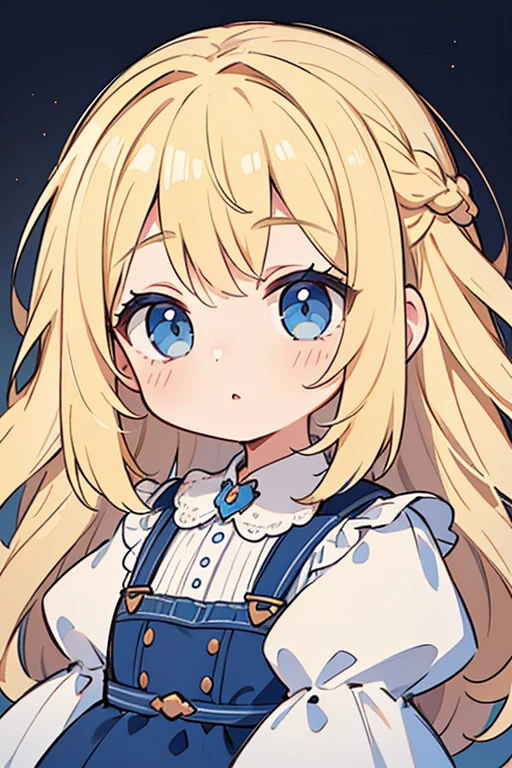 (masterpiece), best quality, Highly detailed portrait, young girl, cute, blonde hair, fluffy hair, blue eyes, big eyes, adorable face, puffy dress