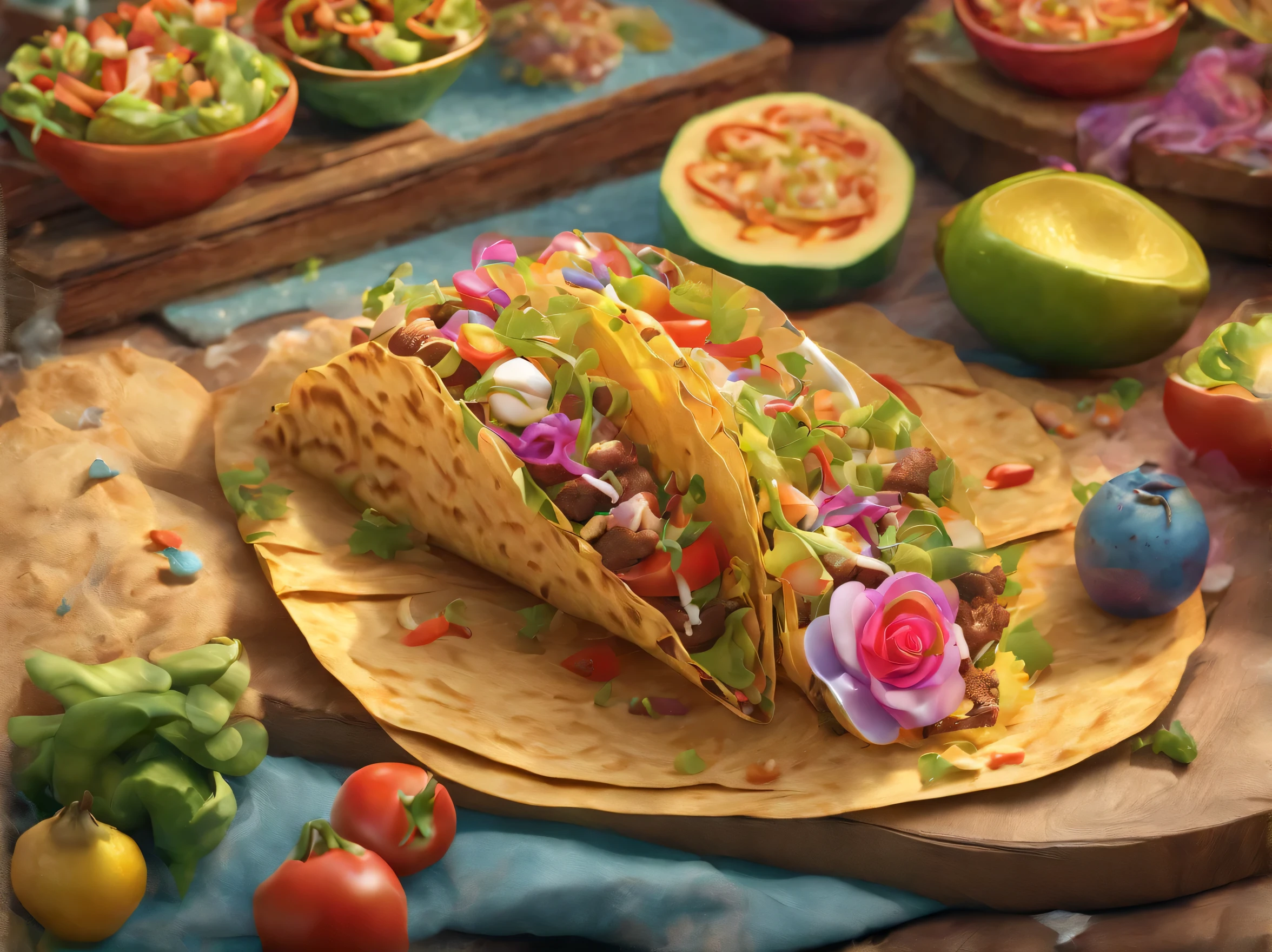 A taco wearing a bow, colorful and vibrant, hyperrealistic, 3D render, dramatic lighting, intricate details, dynamic composition, vivid colors, photorealistic, 8k, highly detailed, masterpiece, cinematic, sharp focus, professional photography, beautiful, cute, adorable, whimsical, surreal, imaginative, intricate textures, studio lighting, volumetric lighting, ultra-detailed, photorealistic, hyper-realistic, 4k, octane render, physically-based rendering, digital art, concept art, surrealism, fantasy, magical, playful, lighthearted, joyful, fun, charming