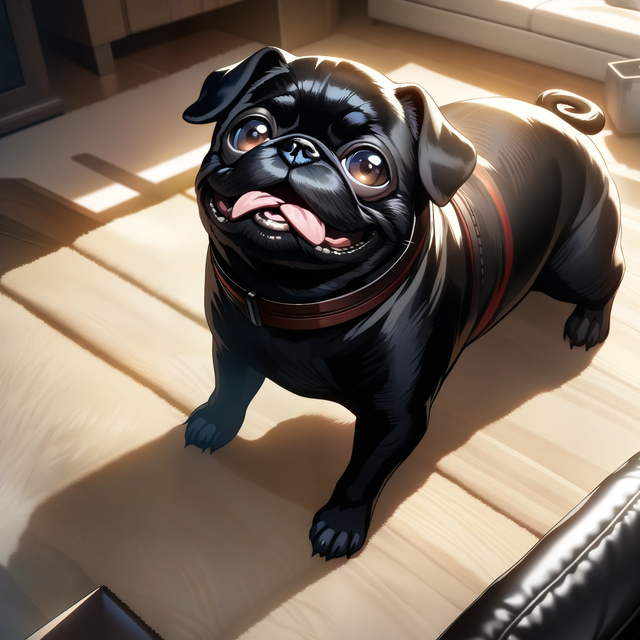 32k, best quality, ultra high res, HDR, UHD, extremely detailed CG, unity 32k wallpaper, Black Pug, Indoor living room background, Looking up, Pug begging for food, Close-up,