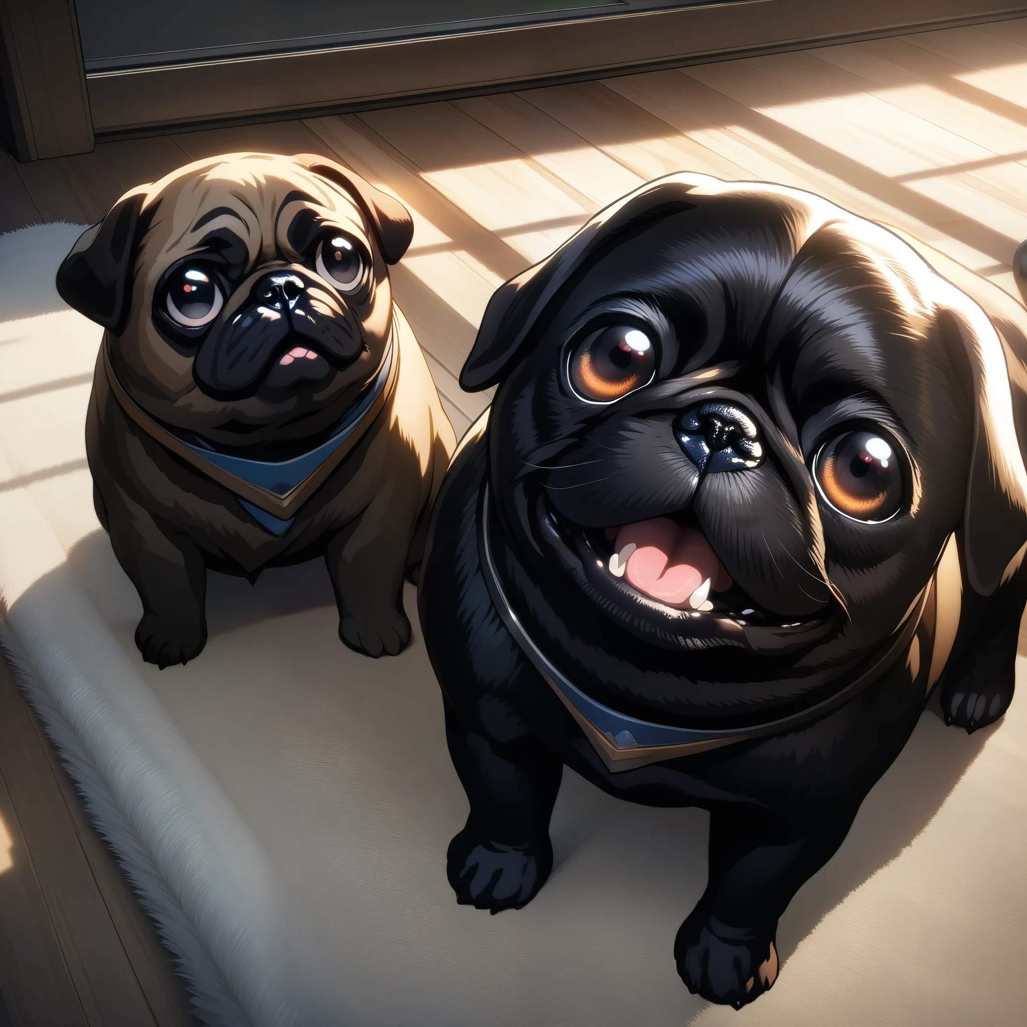 32k, best quality, ultra high res, HDR, UHD, extremely detailed CG, unity 32k wallpaper, Black Pug, Indoor living room background, Looking up, Pug begging for food, Close-up,