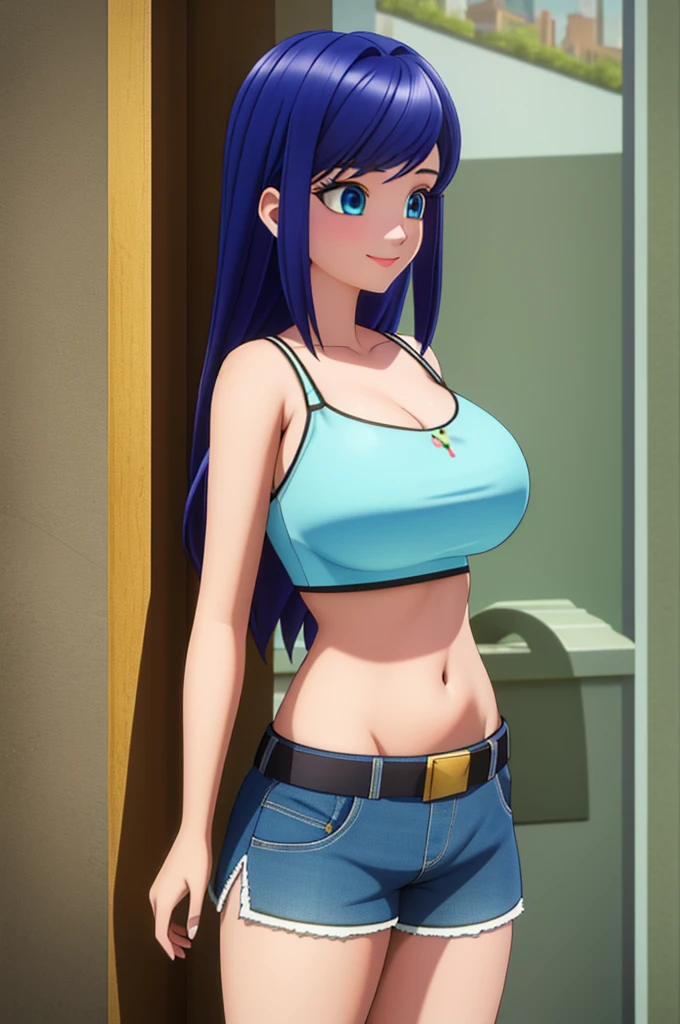 (8k, RAW photo, best quality, masterpiece:1.2), (intricate details), perfect eyes, perfect face, perfect lighting, beautiful, (masterpiece:1.2), (best quality:1.2), 1girl, solo, marinette, blue hair, (( loosen hair)), adult torso, 19 years old, slight smile, huge sized breasts, ( crop top, shorts), cowboy shot, 3DMM, standing, front view