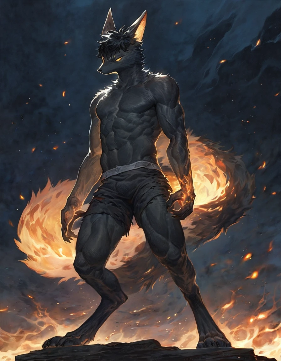 (solo), male anthro kitsune, solo, masterpiece, best art, detailed hands, detailed eyes, night, anime newest artstyle, extreme detail, black hair, black body, yellow eyes, standing, muscular, athletic, thin, standing, badass, digitigrade, shorts