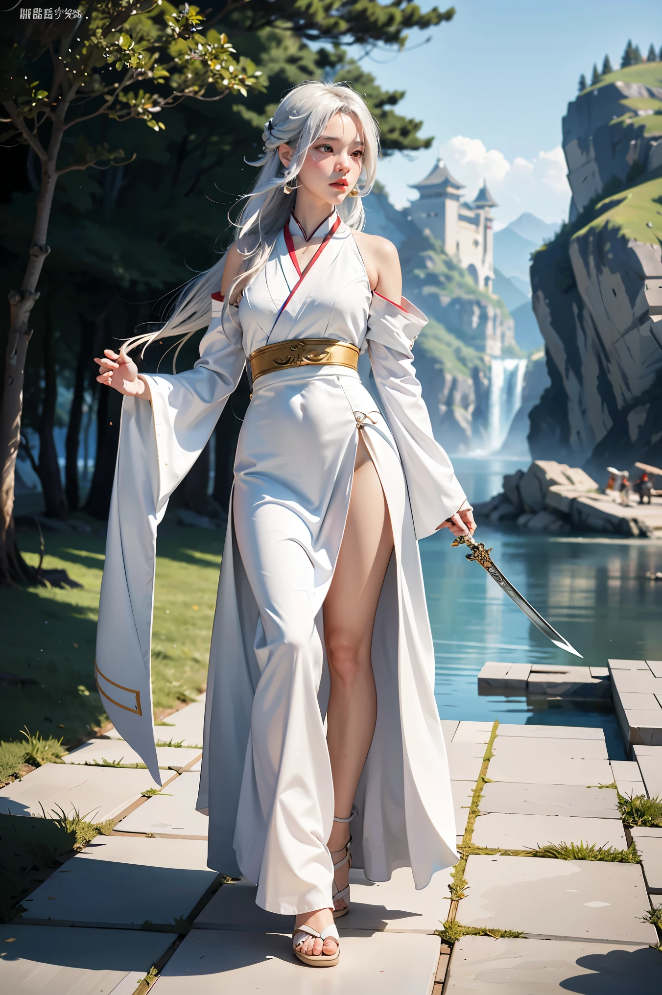 a close up of a woman with a sword in a white dress, a character portrait by Yang J, trending on cgsociety, fantasy art, beautiful character painting, artwork in the style of guweiz, guweiz, white hanfu, flowing white robes, full body wuxia, epic exquisite character art, stunning character art, beautiful female assassin