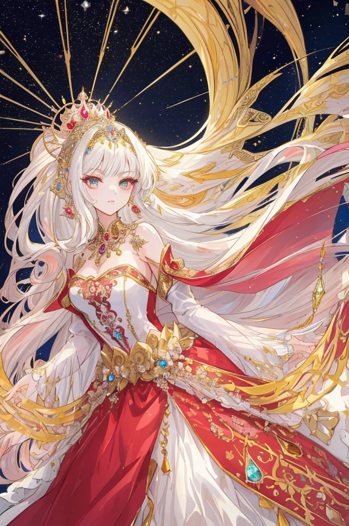 ((Anime art style)),(masterpiece),(best quality),(Super Detail),(Very delicate and beautiful),Solitary,((whole body,Standing)),Stand in the palace,((1 Queen in a gorgeous jeweled Rococo ball gown，With a wide full-length skirt)),(petticoat),Gorgeous embroidery,(Gorgeous gemstone jewelry),(Detailed face and eyes),jewel eyes,((Lots of straight hair,extremely long voluminous Hair)),((,long ,Skin dentition)),Gorgeous embroidery,cleveage,Extremely gorgeous full hair accessory,(bling-bling extremely gorgeous headdress studded with gems),Gorgeous corsage,(Dynamic angle),looking at the audience,((whole body))