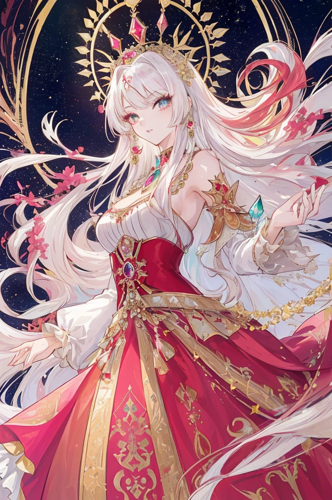 ((Anime art style)),(masterpiece),(best quality),(Super Detail),(Very delicate and beautiful),Solitary,((whole body,Standing)),Stand in the palace,((1 Queen in a gorgeous jeweled Rococo ball gown，With a wide full-length skirt)),(petticoat),Gorgeous embroidery,(Gorgeous gemstone jewelry),(Detailed face and eyes),jewel eyes,((Lots of straight hair,extremely long voluminous Hair)),((,long ,Skin dentition)),Gorgeous embroidery,cleveage,Extremely gorgeous full hair accessory,(bling-bling extremely gorgeous headdress studded with gems),Gorgeous corsage,(Dynamic angle),looking at the audience,((whole body))