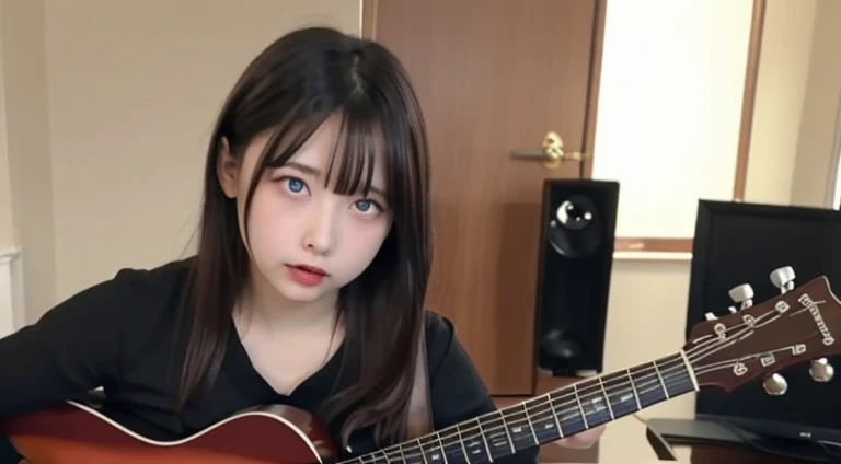 highest quality、8k images、((Tabletop, highest quality))One Girl, alone, Black Dress, blue eyes, エレキguitar, guitar,   Holding, guitarのピックを持っている, musical instrument, Long Hair, The music you play is rock, One side up, Turquoise Hair, Performing Gita at the Budokan, Packed crowd、Pleated skirt, Black Shirt,